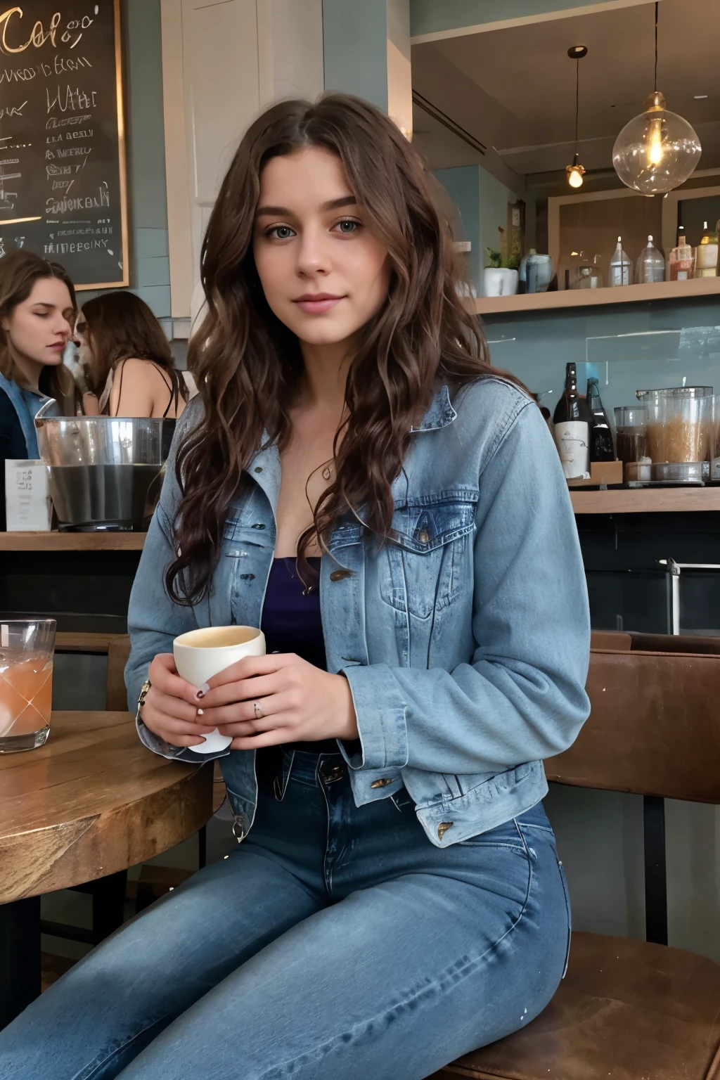 "Realistic and natural image: a 25-year-old French woman with purple, well-styled wavy hair, a sweeping fringe to the left, and piercing blue eyes. She is dressed in light blue jeans and a denim jacket, sitting in a café, holding a cocktail, surrounded by a bustling crowd."