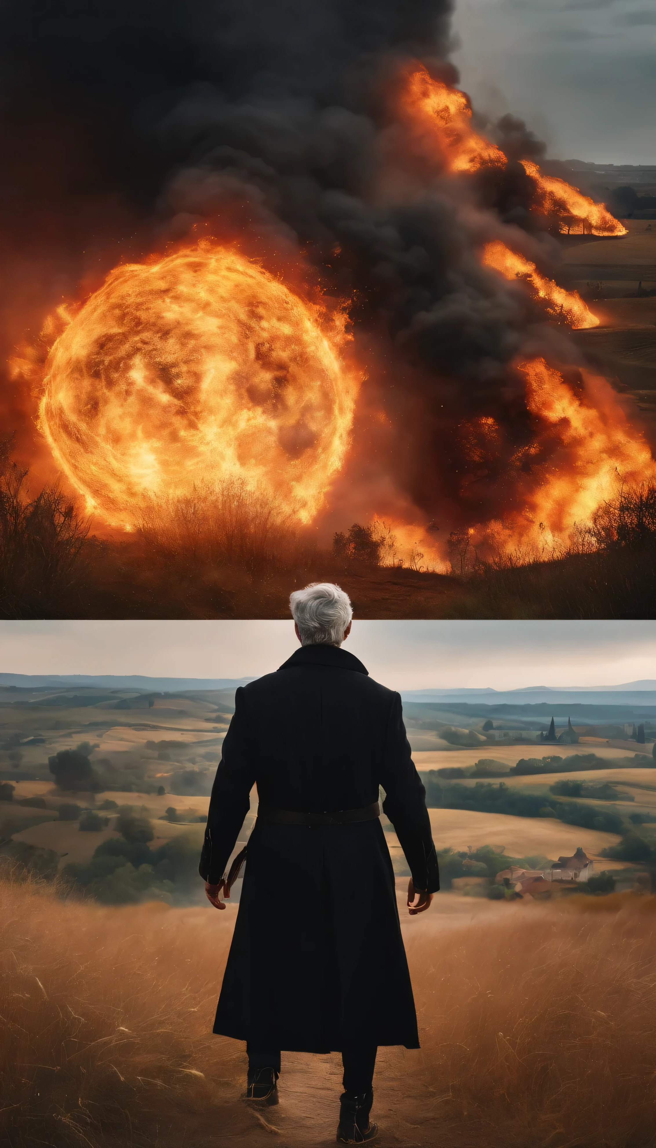 8k, close distance portrait, a male wizard with black clothes and grey short hair from behind, throwing a super massive huge fireball to a village in the distance from hill, with a burning village background the distance