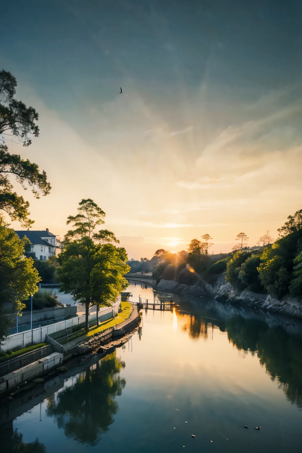 Masterpiece,Realistic,Official Art,Landscape,Boat,Sky,Sunset,Water,Orange Theme,Dusk,Golden Water Reflection,Large Scene,Wide Angle Lens,National Style,Golden Hour,Movie Poster,