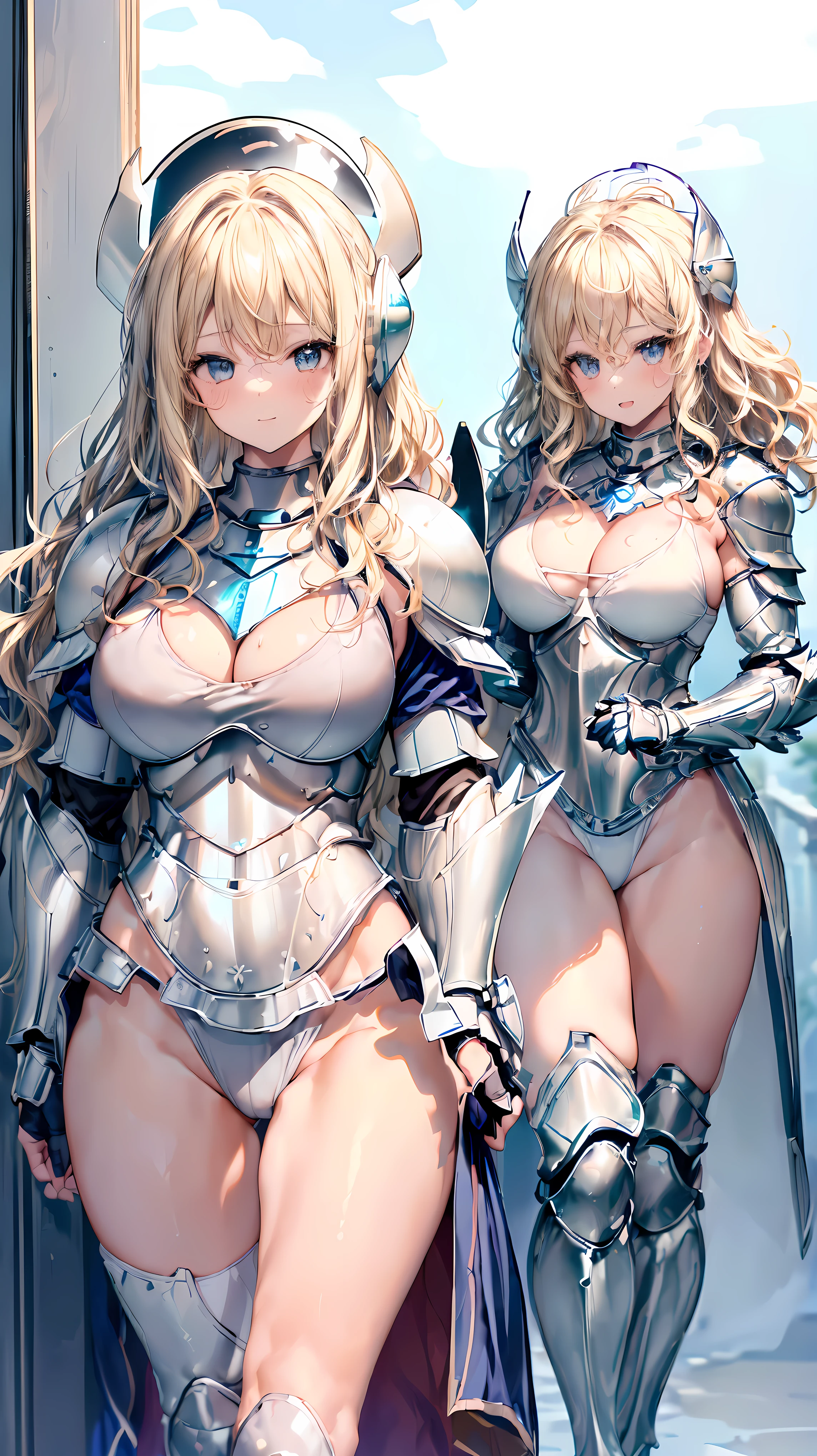 (Adult women:1.5)、Very detailed、highest quality、Best image quality、masterpiece、8k、Anime Face、A kind smile、(Open your mouth)、Sparkling blue eyes、(Blonde Wavy Hair:1.5)、、Muscles of the whole body、(High leg:1.5)、Thigh belt、(Wearing white bikini armor:1.5)、(Cowboy Shot:1.5)、(Leg armor:1.5)、(Wearing a helmet:1.5)