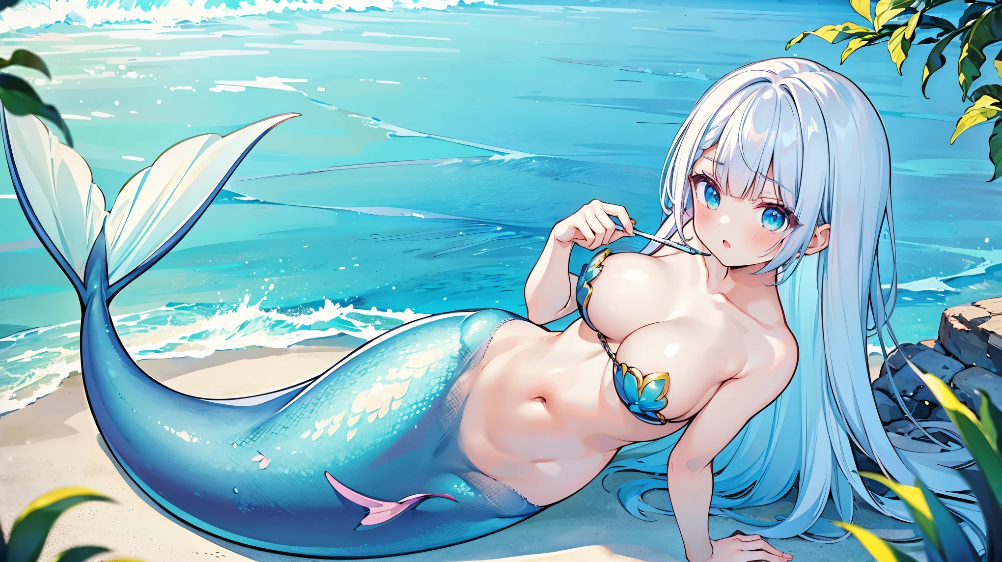 masterpiece, best quality,A female breast,Mermaid,swimsuit,Large Breasts,天蓝色的Mermaid尾巴,full-body shot,charming脸(Kawaii, charming,Soft)