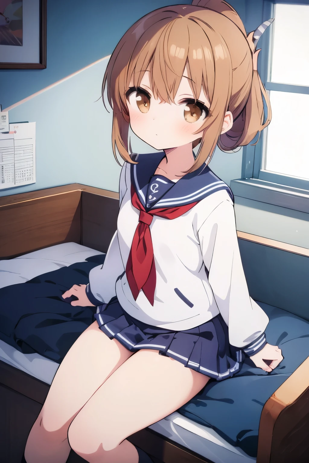 (masterpiece, best quality:1.2),illustration,8k,hd,1girl,solo,upper body,(portrait:1.2),brown_hair,folded_ponytail,brown_eyes,serafuku,long_hair,school_uniform,skirt,pleated_skirt,