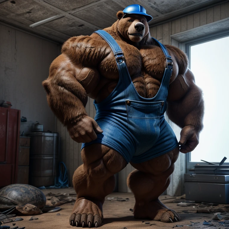 araffe in overalls and a hard hat is standing in a room, (sfw) safe for work, highly realistic concept art, giant bear human hybrid, manly monster tough guy, rolands zilvinskis 3d render art, ultra realistic concept art, hyper real render, anthropomorphic furry art, wojtek fus, technoviking male with no shirt