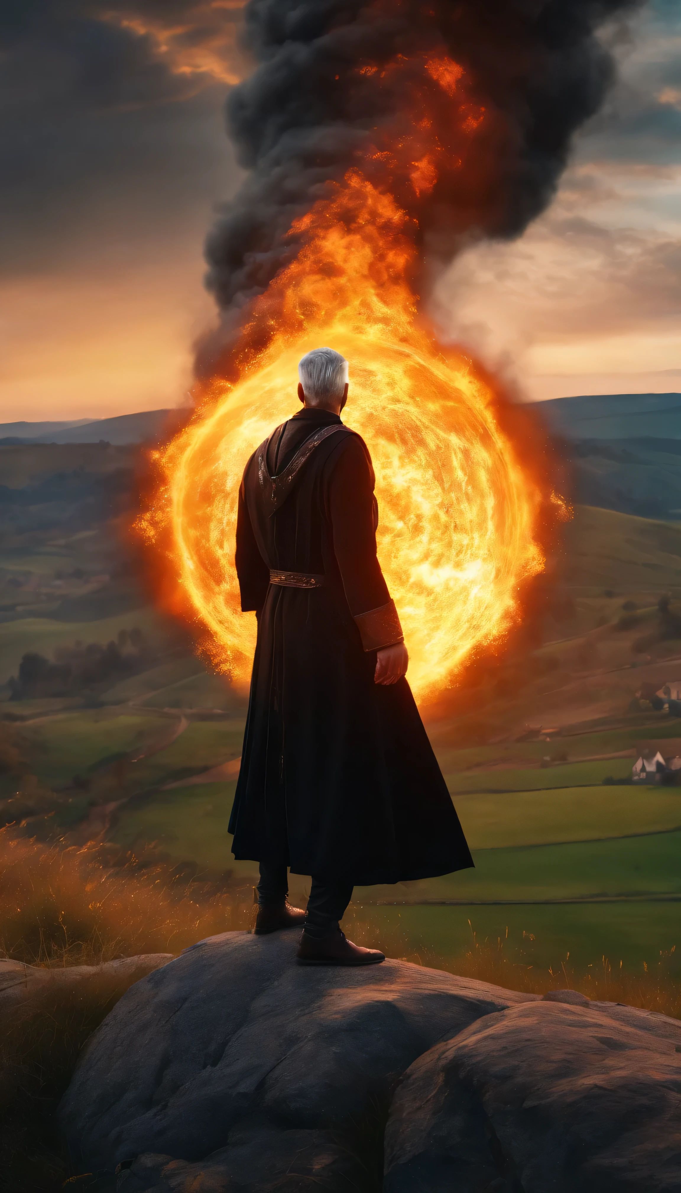 8k, close distance portrait, a male wizard with black clothes and grey short hair from behind, throwing a super massive huge fireball to a village in the distance from hill, with a burning village background the distance