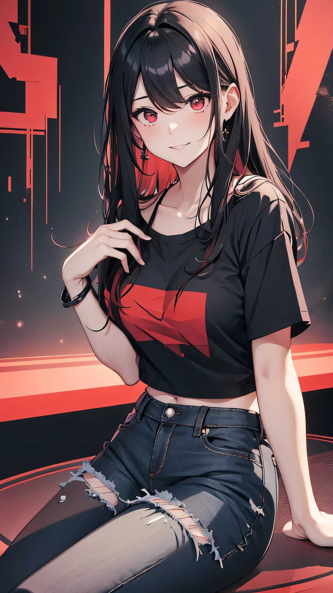 最high quality、Best image quality、masterpiece、girl((18-year-old、 By becoming、Best Bust、Medium Bust,Wide open breast tea、Red glowing eyes,Black Hair、Red Mesh、Disheveled Hair、Lointail、thin,The highest valley、Open chest、Luminous Wristbands、hair ornaments、Show the whole body,Black short sleeve T-shirt、Carry a shoulder bag、Short denim trousers、sit、sitting cross-legged、Leaning forward、smile)),high quality、Beautiful art、background((Black Room、Black Wall、Black furniture、Big black TV、Black PC、red paint))、Flight、Flying debris、Written boundary depth、movie、Visual Arts、Perfect art、8K,Genuine,
