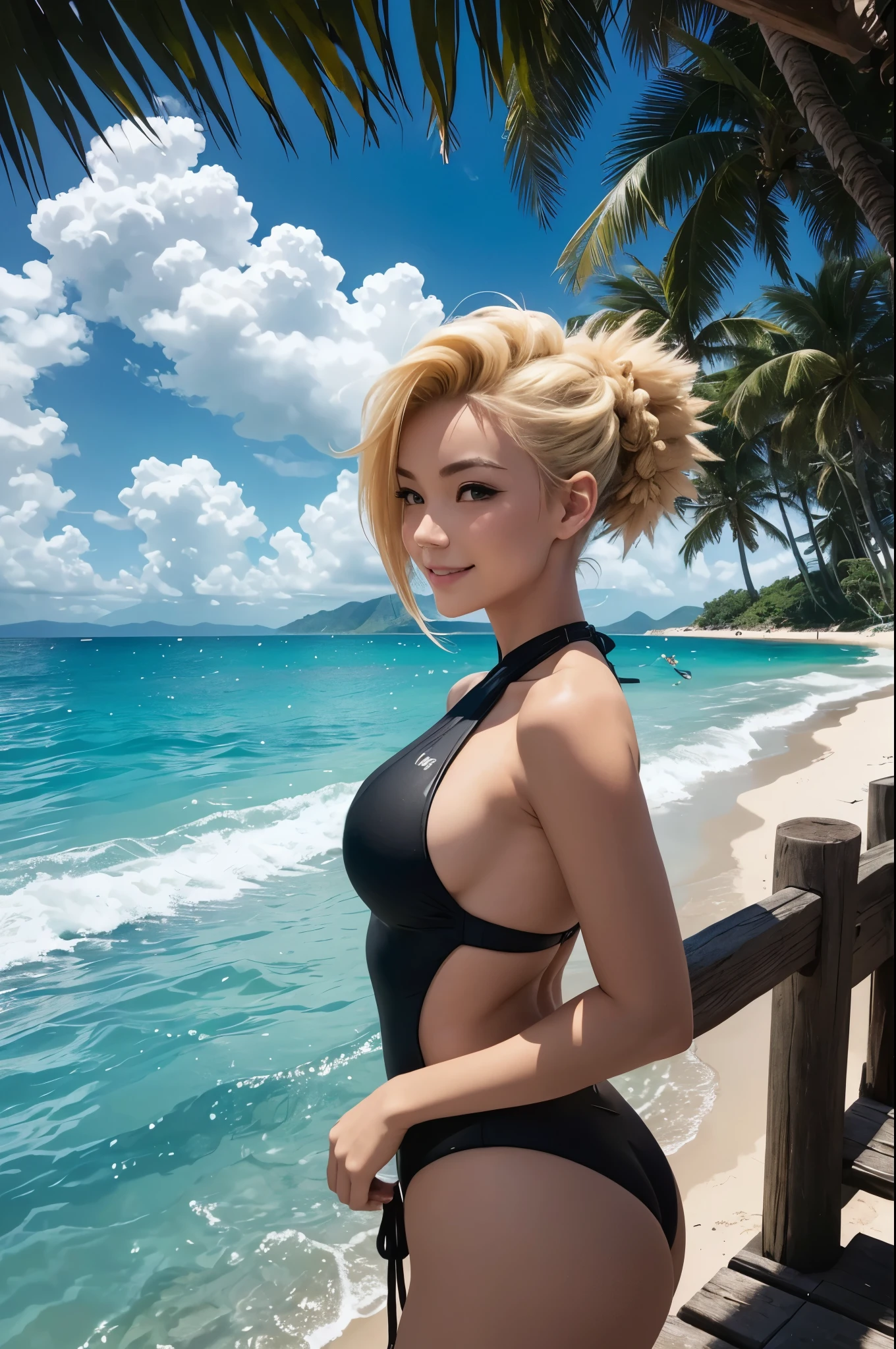 8K,Woman with blonde mohawk hair in black swimsuit looking at the sea,1 超美people(Like the real thing), Sharpening of facial expressions,Blue sky and white clouds with warm sunshine, Smiling and gazing into the distance, The fine grains of sand on the beach sparkle in gold., The wind is accompanied by small waves. The distant island is surrounded by greenery, sexy, Her stunning beauty is like a ray of light, Captivating the whole of heaven and earth. . Beach dream scene, people々Make people feel like they're there, Enjoy the beauty,The perfect angle、Professional quality high resolution、Perfect contrast、Perfect lighting、Perfect composition、Perfect Skin、Perfect Fingers、Perfect breasts、Perfect Hair、Perfect Face、Realistic facial features,masterpiece,Photorealistic RAW photos,Bright colors,Rich colors,50mm lens,Nikon D850,super highest quality,Slim figure,Perfect body line,Perfect hand shape,Anatomical body balance,Highly detailed face,Highly detailed eyes,Beautiful Lips,Excellent light particles,Cinema Lighting,Makeup,Ultra-high resolution,Ultra-Realistic Skin,sexyな女性のクローズアップ,sexyな黒い水着,Ample breasts,Dynamic pose,Accentuate your cleavage,Thumbs up,