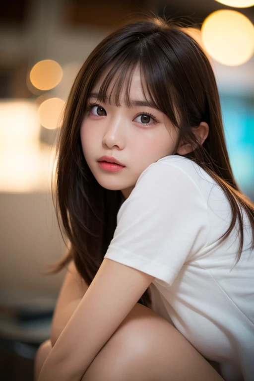 NFSW、highest quality、8k、１8--old、W Photos、Absurd、Award-winning portraits、alone、Delicate girl、Upper Body、Digital single-lens reflex camera、Crouched down in a micro mini skirt、White Panty Shot、Looking at the audience、Frank、Sophisticated、Thin arms、Professional Lighting、Film Grain、chromatic aberration、(Eye and facial details:1.0)、A vivid face、(Bokeh:1.1)、 (shirt:1.1)、Shut your mouth. 、Brown Hair、Shiny Hair、Cute Hairstyles、Thin lips、White skin、Golden Ratio