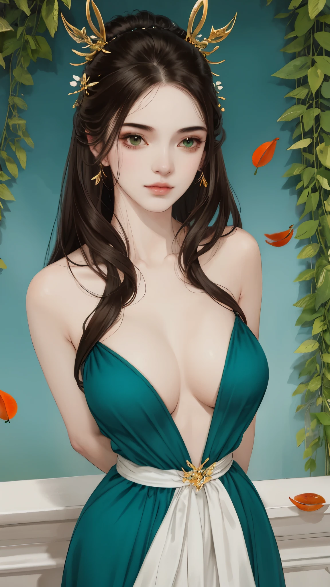 1girl,(((mature female))),chinese style, ancient china, sister,green long dress, plum blossoms,((Green walls)),alling flower petals,(((arms behind back))), (((hiding hands))),stand,{best quality}, {{masterpiece}}, extremely detailed 8K wallpaper, {an extremely delicate and beautiful}, colorful, intricately detailed, Realistic, real, camera quality, (detailed depiction of clothes), cool white skin, (detailed depiction of blush), 1080p, sun, smooth light white hair,bright and silky skin ,super fine illustration, beautiful eyes, very fine light, fine glow, full body close-up,Hanfu,(closeup cleavage),