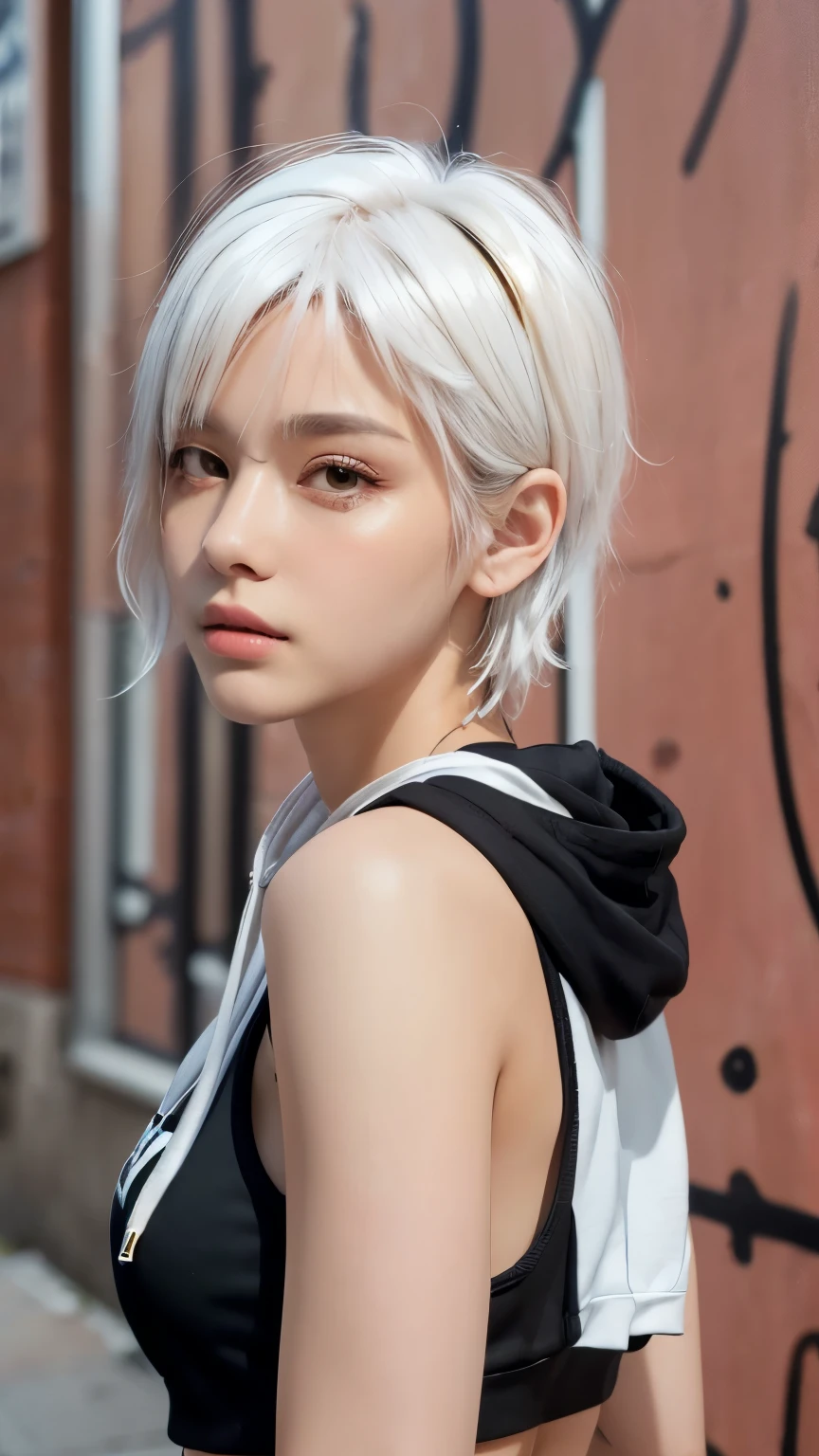 masterpiece, highest quality, Very detailed, 8k, Realistic, One Girl, alone, Tomboy, Very detailed face, (head shot:1.5), Standing in front of a wall covered in hip hop graffiti, Pixie cut white hair, He is wearing a short tank top and an open-zipped hoodie...,I can see your chest,Nice ass,Wear a New Era cap