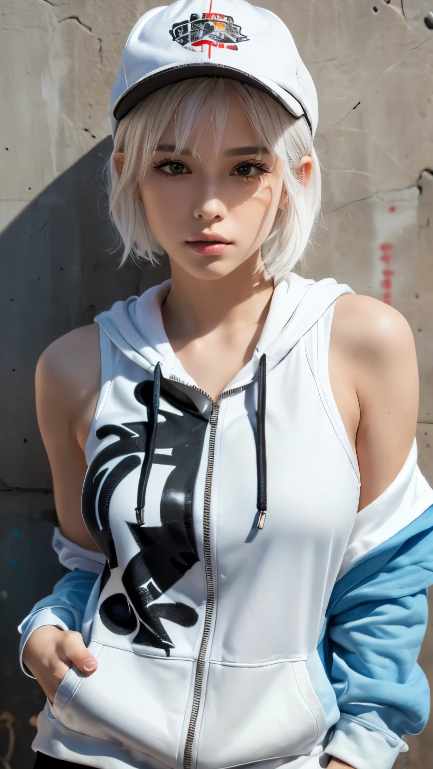 masterpiece, highest quality, Very detailed, 8k, Realistic, One Girl, alone, Tomboy, Very detailed face, (head shot:1.5), Standing in front of a wall covered in hip hop graffiti, Pixie cut white hair, He is wearing a short tank top and an open-zipped hoodie...,I can see your chest,Nice ass,Wear a New Era cap