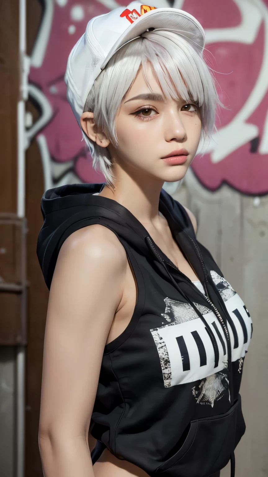 masterpiece, highest quality, Very detailed, 8k, Realistic, One Girl, alone, Tomboy, Very detailed face, (head shot:1.5), Standing in front of a wall covered in hip hop graffiti, Pixie cut white hair, He is wearing a short tank top and an open-zipped hoodie...,I can see your chest,Nice ass,Wear a New Era cap