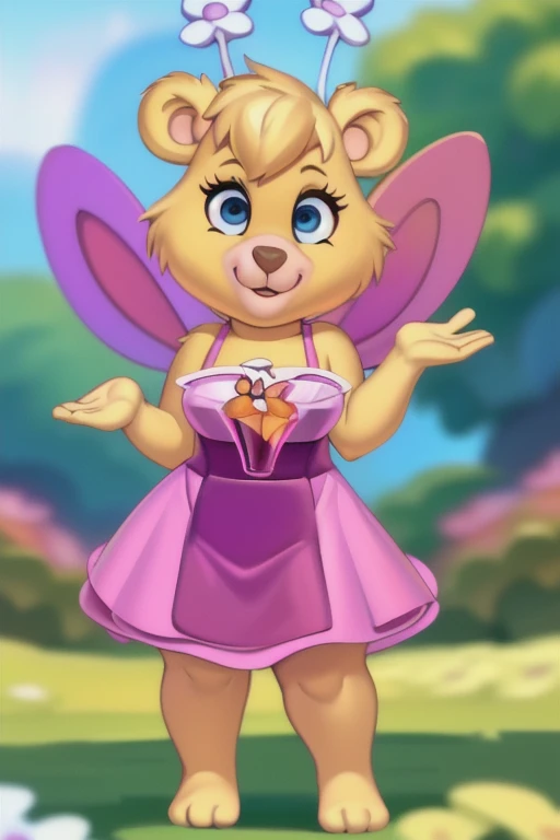 butterbear, bear, antennae_(anatomy), insect_wings, short stack, breasts, fancy cocktail dress, cocktail in hand, blue eyes, looking at viewer, 3 toes , showing feet, uploaded on e621, (detailed background, depth of field), (intricate:1.1), (high detail:1.2), (soft focus), (masterpiece, best quality, 8k, 4k, shaded, absurd res), by Chunie, by CyanCapsule, by Hallogreen by wuzzletodd, by Panda Jenn,