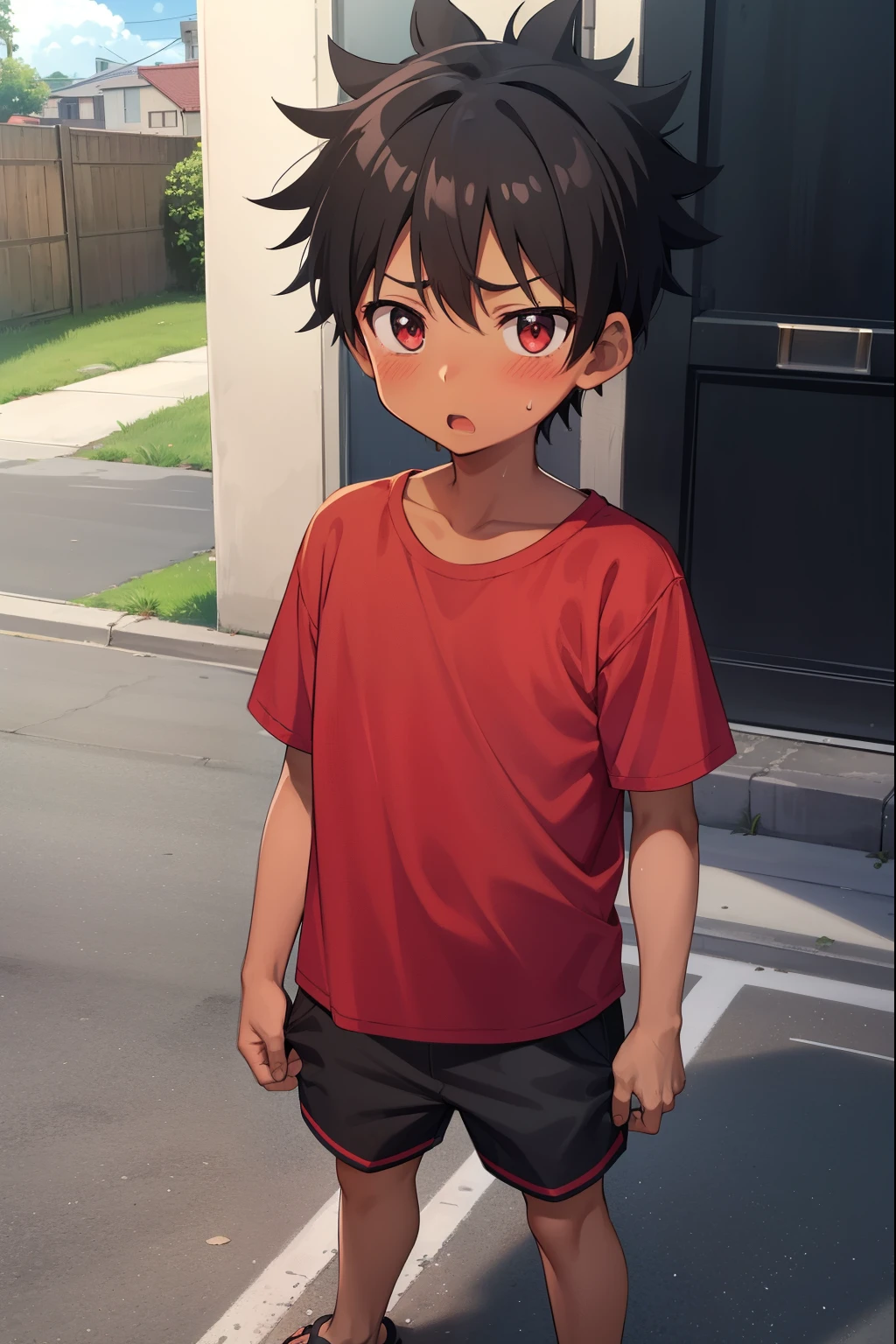 Residential Street,Are standing,Little Boy,Spiked Hair,Black Hair,blush,Embarrassing,Red T-shirt,Black shorts,Brown Sandals,Dark Skin,summer,shy,Embarrassing,Blue sandals,from before,Open your mouth,Sweat,Nosebleed,Surprised,panic,