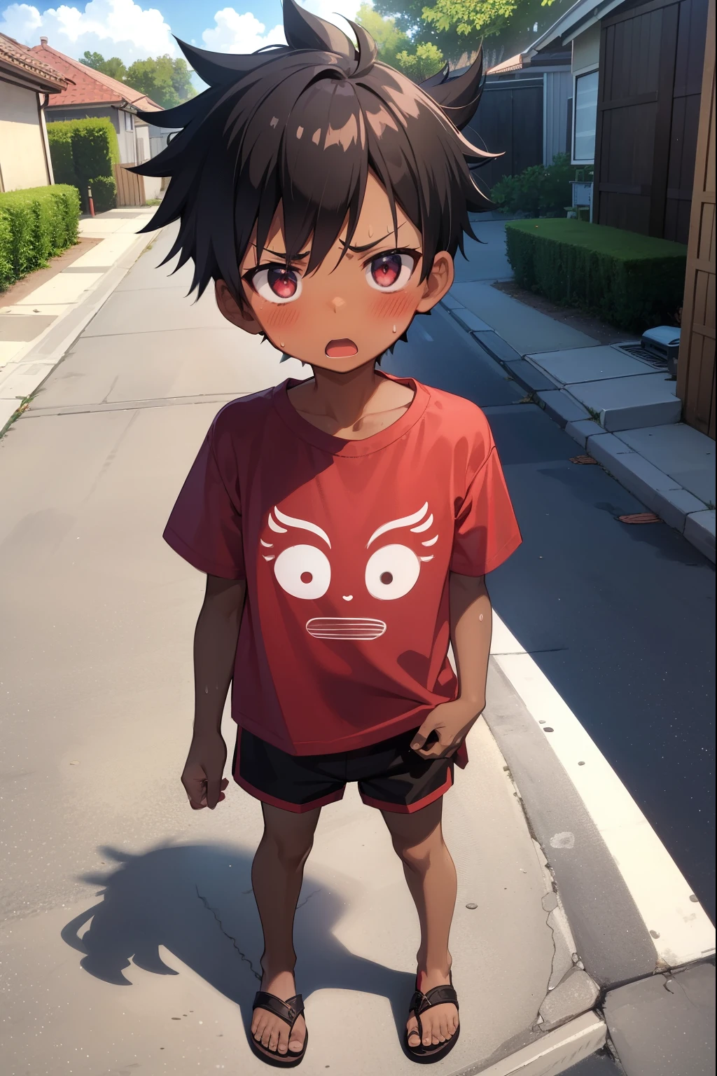 Residential Street,Are standing,Little Boy,Spiked Hair,Black Hair,blush,Embarrassing,Red T-shirt,Black shorts,Brown Sandals,Dark Skin,summer,shy,Embarrassing,Blue sandals,from before,Open your mouth,Sweat,Nosebleed,Surprised,panic,