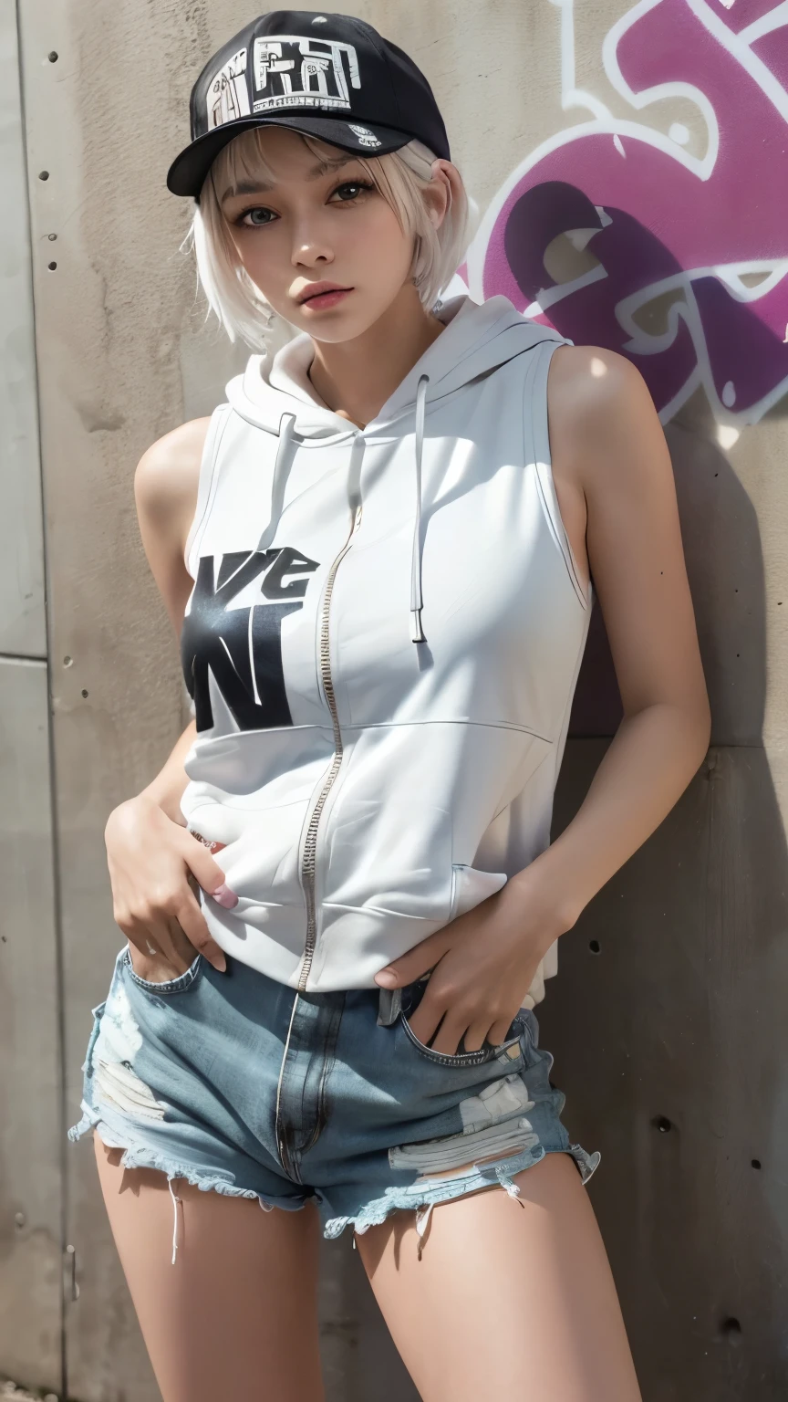 masterpiece, highest quality, Very detailed, 8k, Realistic, One Girl, alone, Tomboy, Very detailed face, (head shot:1.5), Standing in front of a wall covered in hip hop graffiti, Pixie cut white hair, He is wearing a short tank top and an open-zipped hoodie...,I can see your chest,Nice ass,Wear a New Era cap