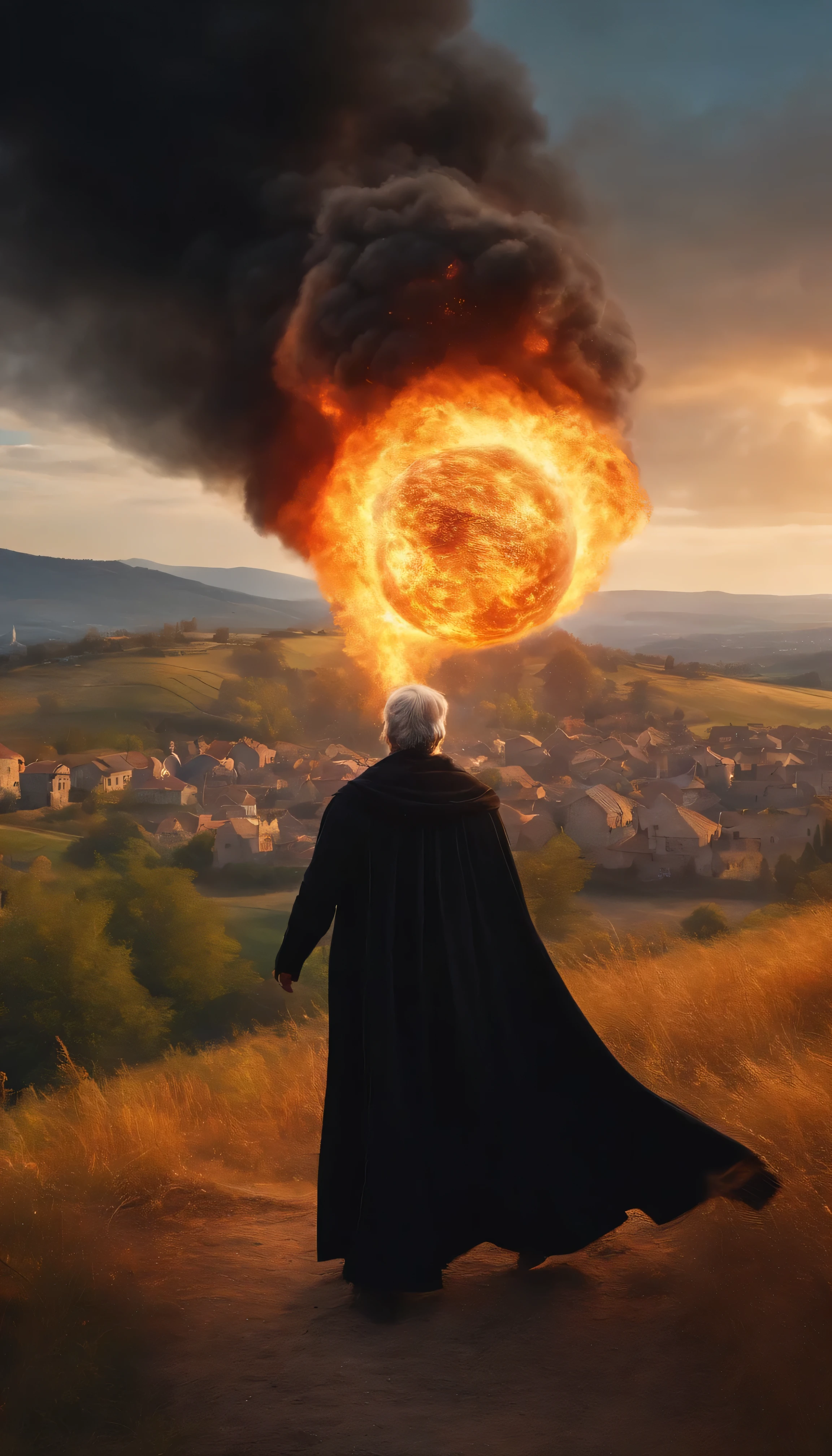 8k, close distance portrait, a male wizard with black clothes and grey short hair from behind, throwing a super massive huge fireball to a village in the distance from hill, with a burning village background the distance