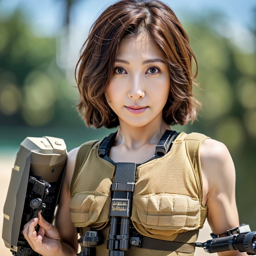 (SFW)、Crisp image quality,highest quality, masterpiece, High resolution, Realistic, 8k wallpaper, perfection, Very detailed, Written boundary depth, ((One beautiful woman)), Beautiful Face、beauty、33 years old,Beautiful Eyes, (((Special forces equipment:1.5))), Shapely small breasts, Light brown wavy hair, short hair,Muscular,belly button、sexy