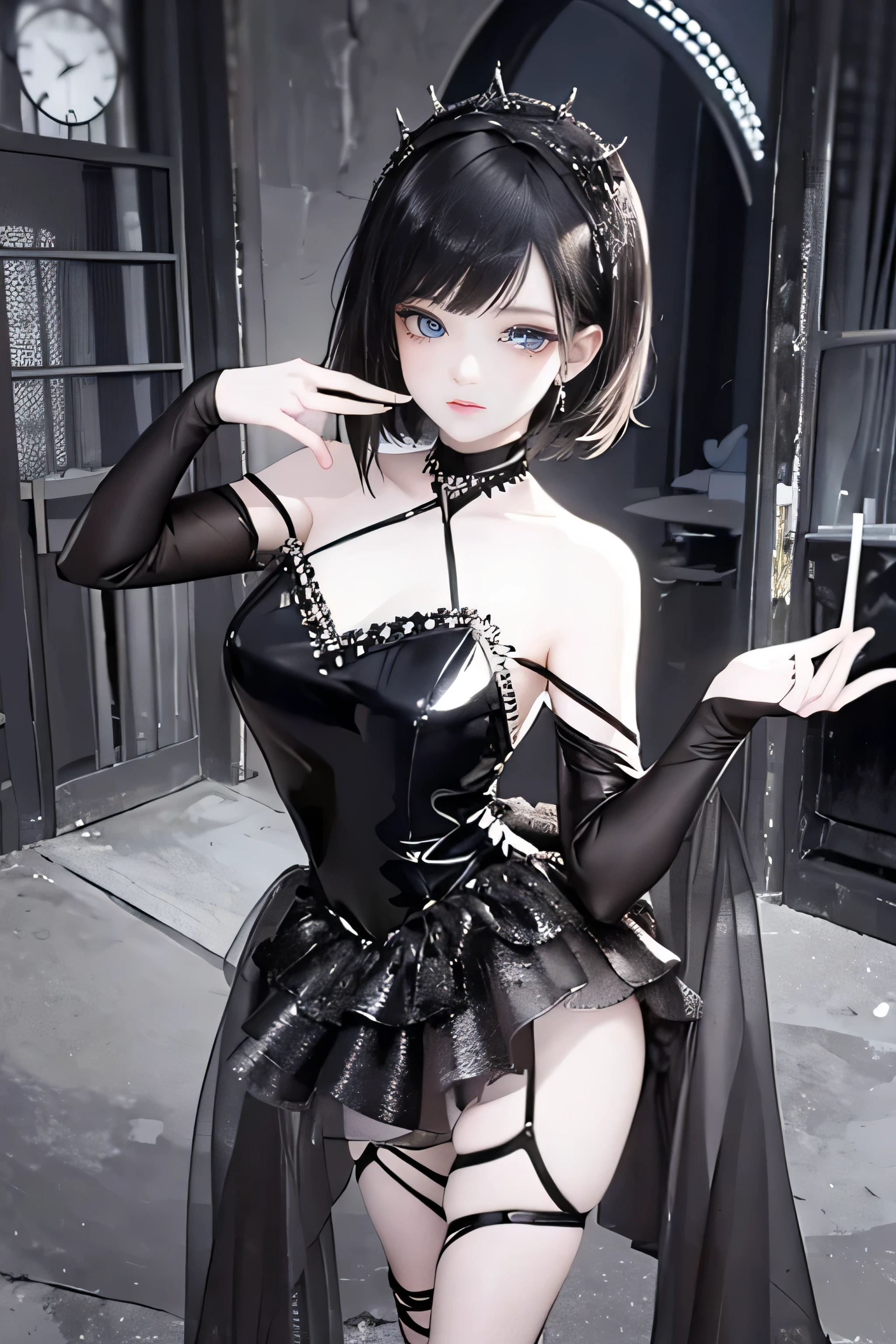 (masterpiece), best quality, expressive eyes, perfect face(masterpiece:1.2), (highest quality:1.2), Perfect Eyes, Perfect Face, Perfect lighting, One girl, teen goth girl standing with hands out in front of her, short Hair, Complicated hairstyle, , Black Lips, Thick eyelashes, sad, melancholy, Dressed as a goth girl, Black  dress,jewelry, peaceful, quiet, Chill, Detailed best quality, expressive eyes, perfect face ,beautiful blue eyes, mascara,white body skin, blushing face, beautiful smile, white body skin neck,big beautiful curved breasts slim figured,bent over showing breast s,show beautiful breasts,curved ,Wear a *off shoulder crop top* with dark skirt or a black skirt  gothic fashion long legs, ,(wearing black heels) , showing ass, beautiful (banquet hall background) people watching dance, night background, photo shoot, wallpaper