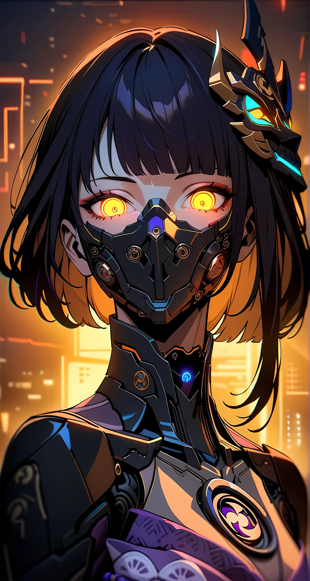 (masterpiece, best quality, intricate, detailed, ornate, vibrant colors), backlight, cyberpunk, (glowing, fluorescent), (bronze theme), portrait, (head and torso), woman,raiden shogun, \(genshin impact\),full body, mask, biomechanical, (mechanical parts), mechanical neck, glowing eyes, looking at viewer, demon horns, blunt bangs, bob cut