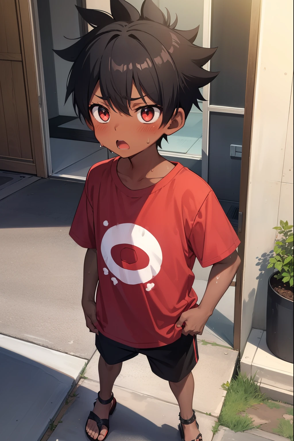 Residential Street,Are standing,Little Boy,Spiked Hair,Black Hair,blush,Red T-shirt,Black shorts,Brown Sandals,Dark Skin,summer,shy,Blue sandals,from before,Open your mouth,Sweat,Nosebleed,Surprised,panic,