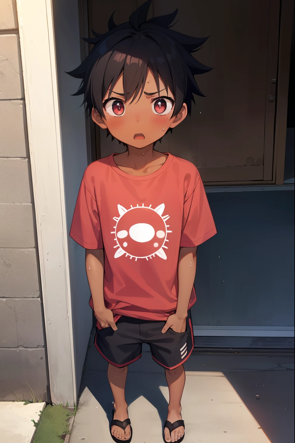 Residential Street,Are standing,,Spiked Hair,Black Hair,blush,Red T-shirt,Black shorts,Brown Sandals,Dark Skin,summer,shy,Blue sandals,from before,Open your mouth,Sweat,Nosebleed,Surprised,panic,