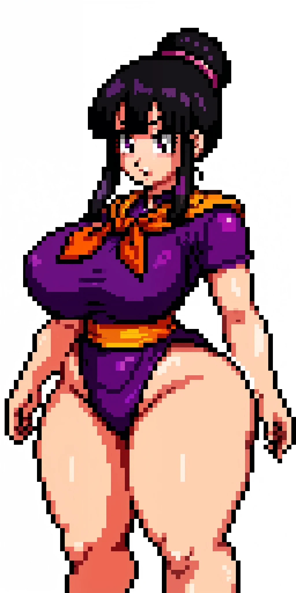 chichi_dbz, pixelart, pixel art, standing, solo, large_breasts, Purple_Dress_Orange_Neckerchief, masterpiece, best quality, detailed face, detailed eyes, highres, big breasts, big ass, thick thighs, wide hips,