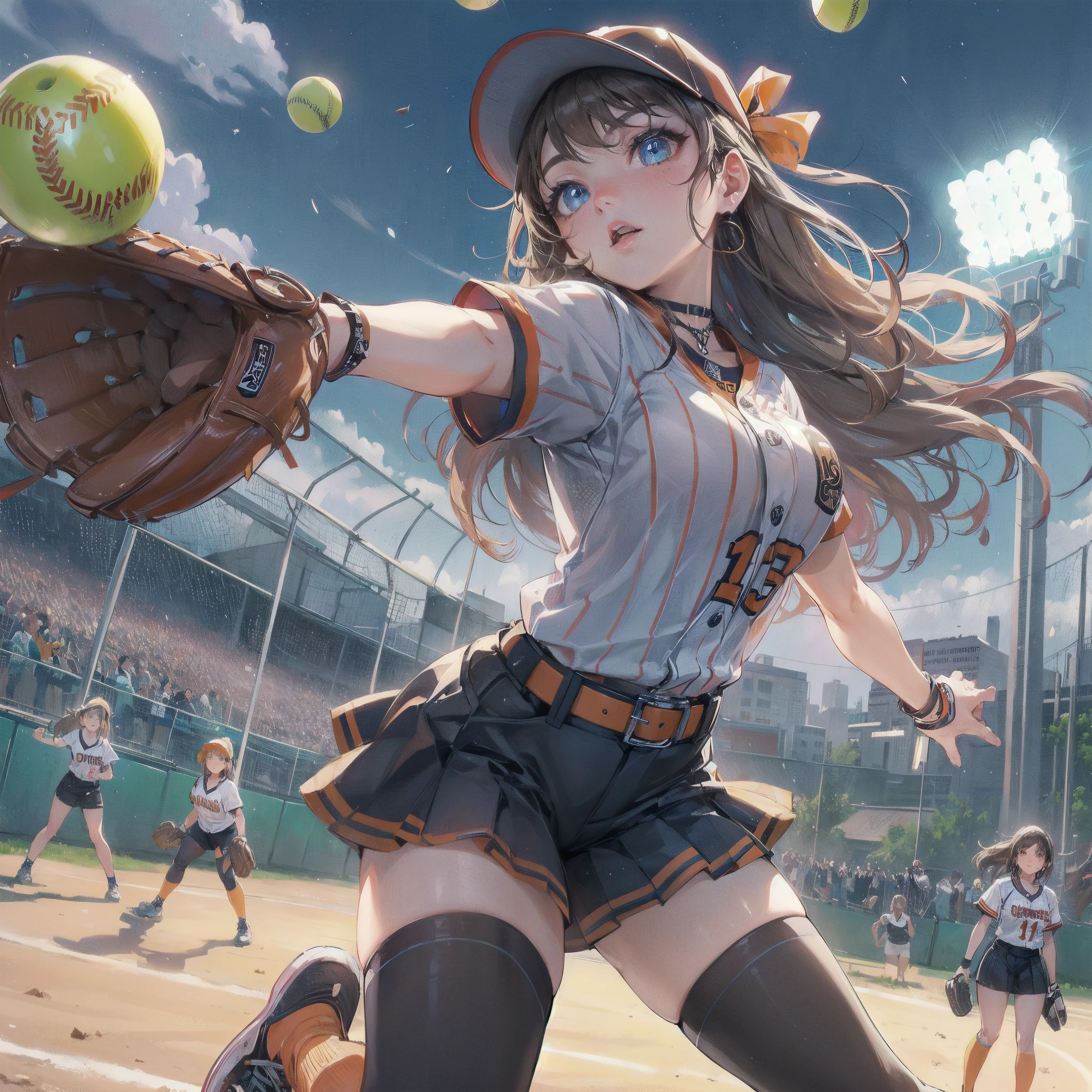 high quality,HD,16k,sharp lines,1 girl,Female softball athlete ,cute face, large breasts, nice legs,At the softball venue,focus girl,detailed beautiful face,detailed clothes,beautiful eyes,cool,dynamic angle