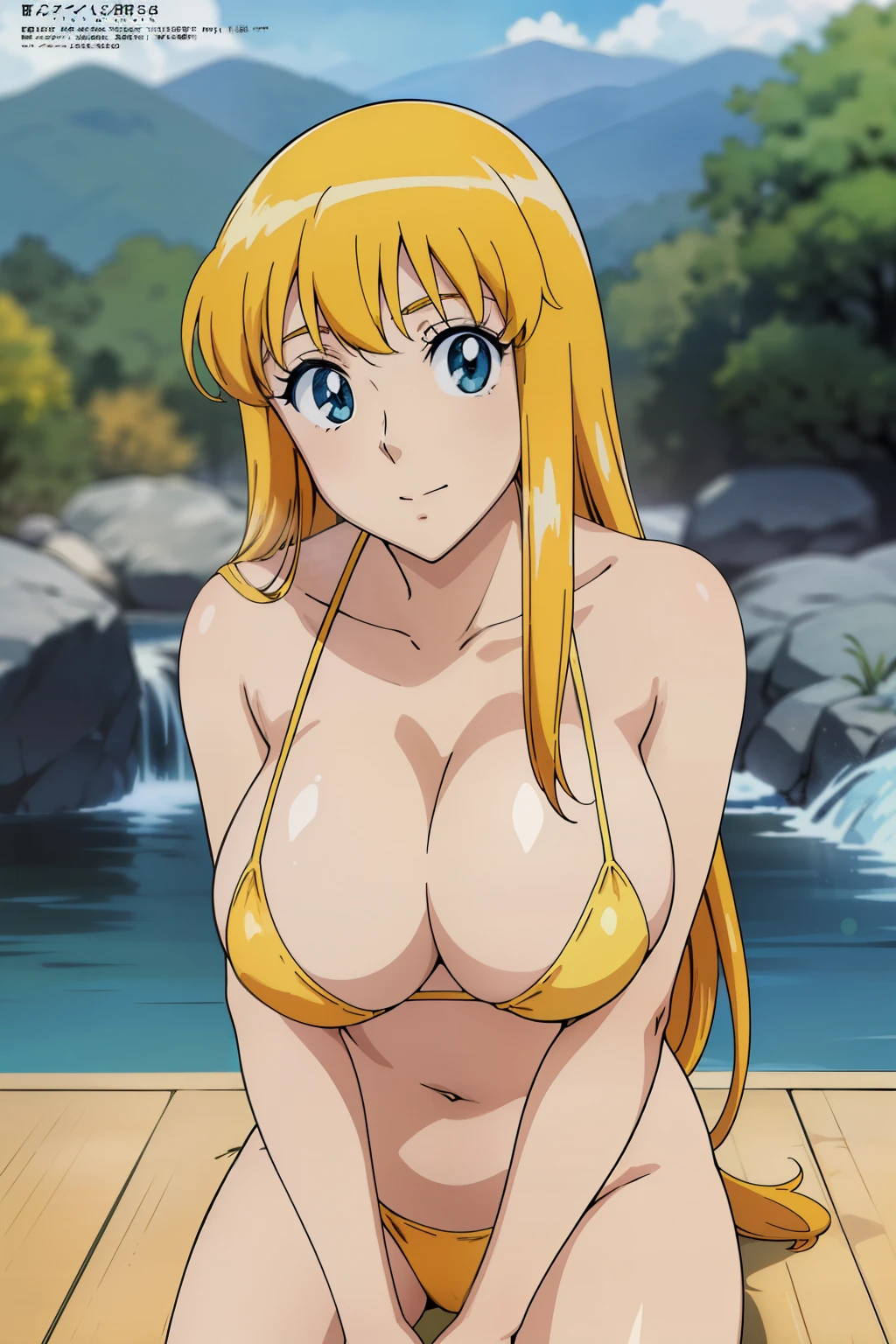 (anime cels style, Masterpiece, best quality, high resolution, anime colored, megami magazine:1.2, anime poster style, anime keyvisual, sharp, 8k, photorealistic), (beautiful eyes:1.5), reiko_aiwaifu, 1girl, blond hair, long hair, (sagging huge breast), (beautiful nude), bikini, cleavage, (upper body:1.3, sitting), (perfect detailed anatomy, perfect arms, perfect fingers, beautiful face, perfect body, shiny skin), onsen, 