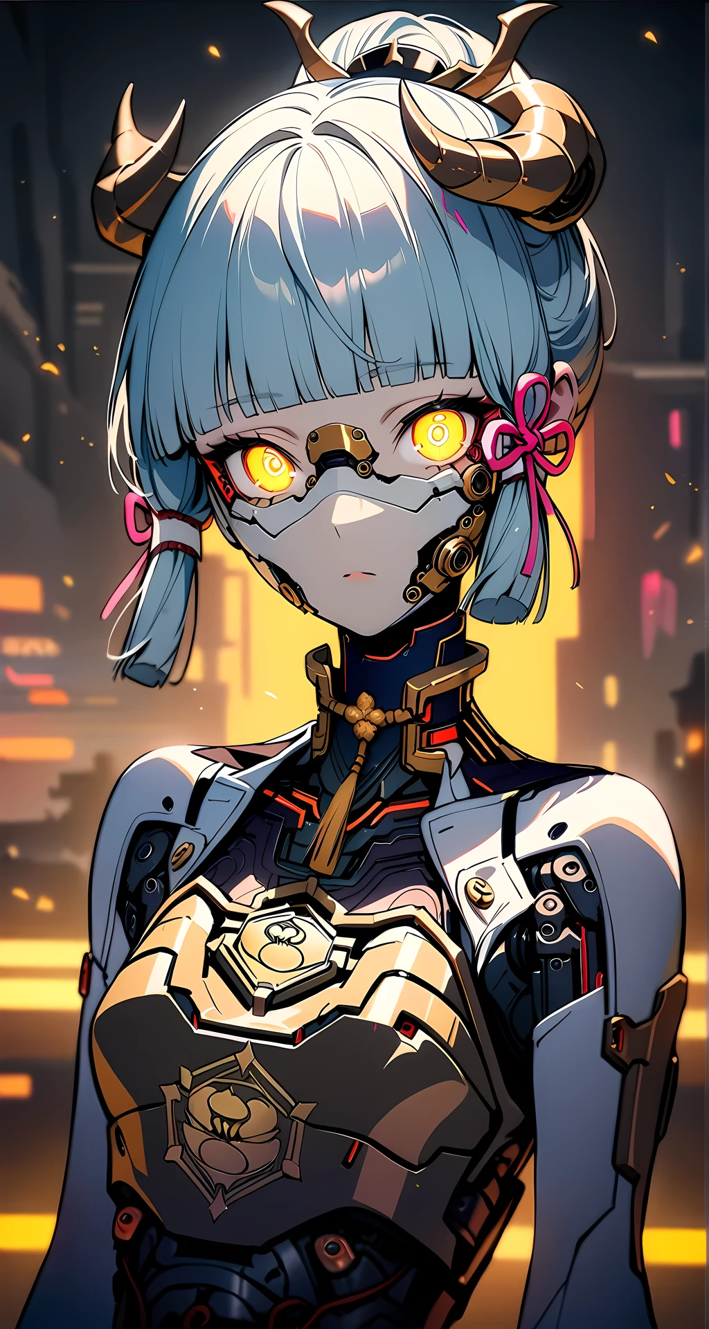 (masterpiece, best quality, intricate, detailed, ornate, vibrant colors), backlight, cyberpunk, (glowing, fluorescent), (bronze theme), portrait, (head and torso), woman,kamisato ayaka, \(genshin impact\),full body, mask, biomechanical, (mechanical parts), mechanical neck, glowing eyes, looking at viewer, demon horns, blunt bangs, bob cut 