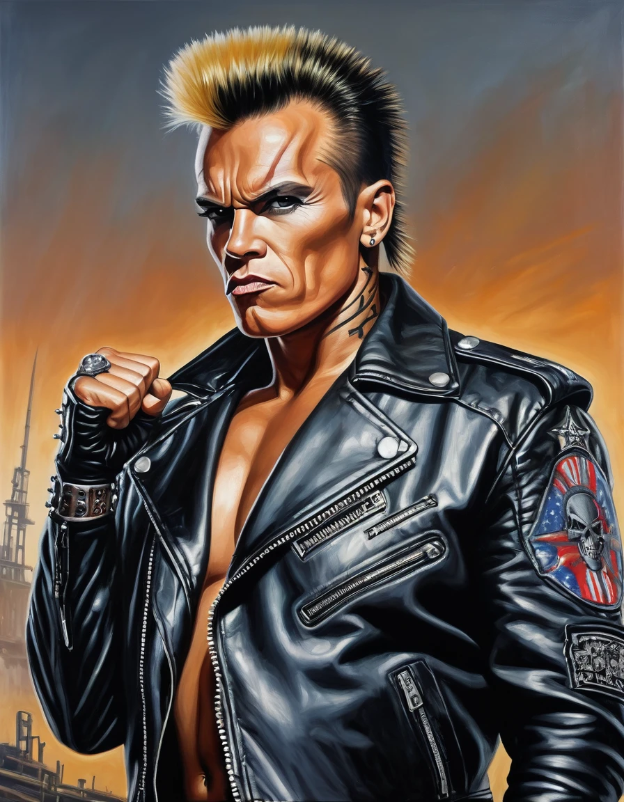 (((26 years old fit an burly Punk Rock Yetminator Cyborg))) [Arnold Schwarzenegger:Billy Idol:0.45] with his iconic hairstyle and spiked leather jacket, raises his fist tonthe sky to shownhis rebellion to the world, ultra sharp and crisp, oil on canvas painting in Don Lawrence art style