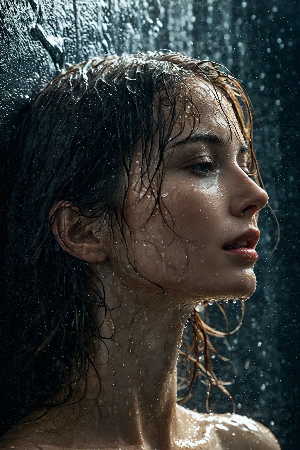 A beautiful woman's face slowly emerges from a wall of water, wet, glistening, side view, profile