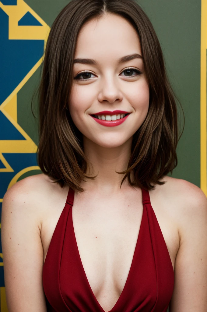 Olive Penderghast (Easy A): Olive in a bold red dress, smirking defiantly at the camera. Style: Pop art inspired, graphic elements, high school backdrop,