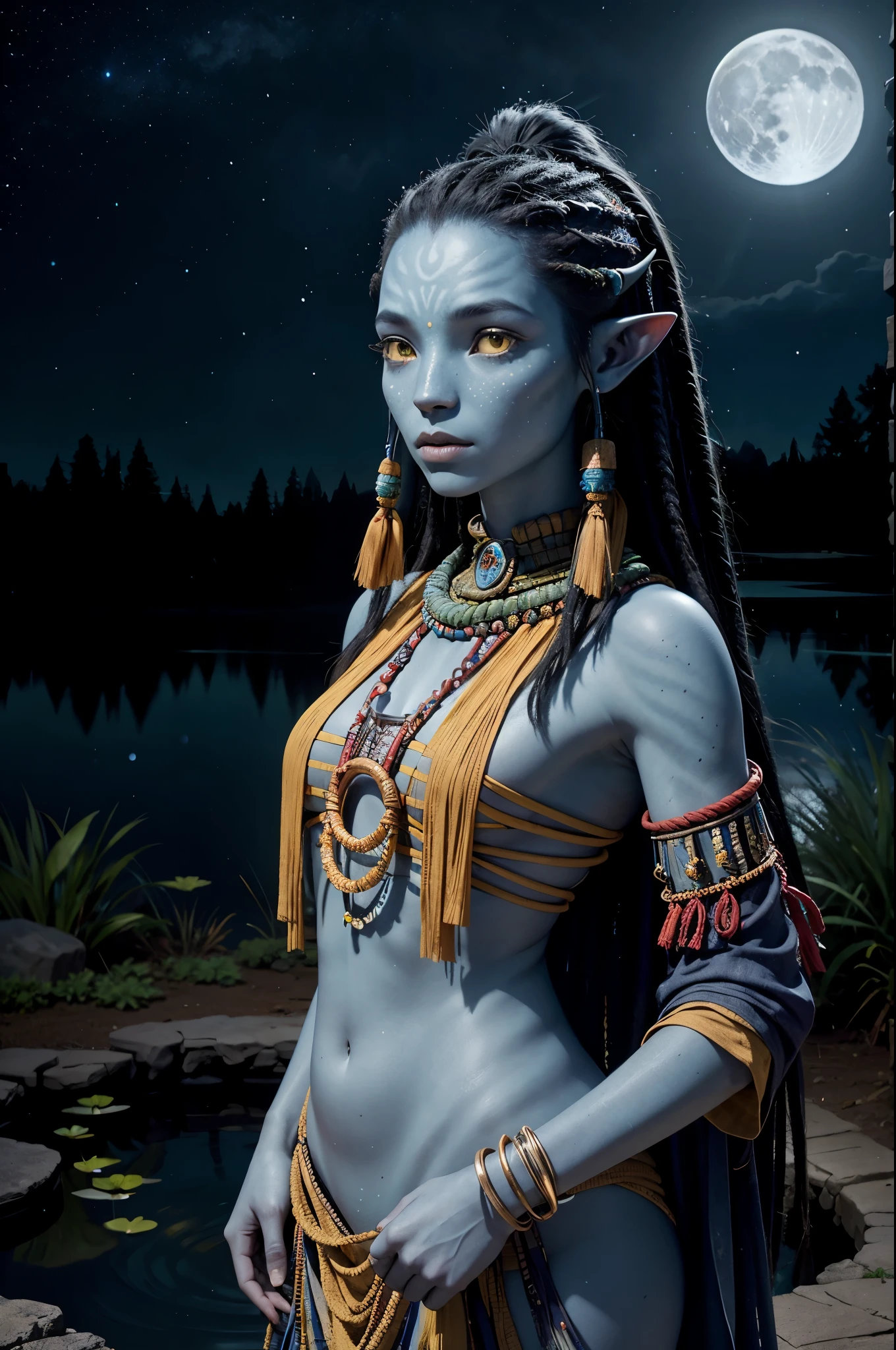 naavi woman, blue skin, alien, pointy ears, freckles, yellow eyes, black hair, dreadlocks, tribal clothes, forest, full moon, moonlit, starry sky, nighttime, moon lit pond, standing