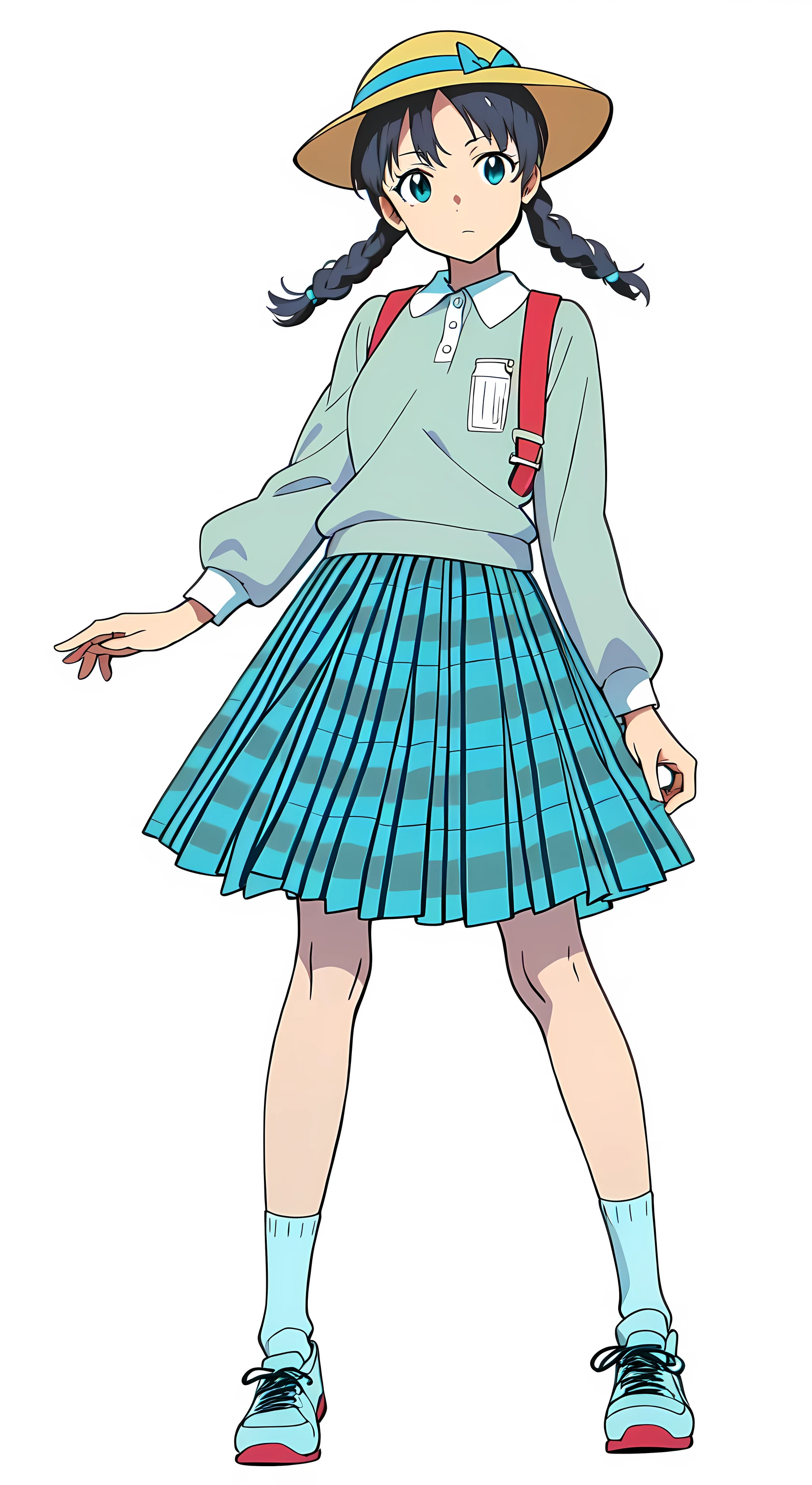 (tareme:1.0), (white background:1.0), (best quality:1.0), (masterpiece:1.0), (super fine illustration:1.0), (beautiful artwork:1.0), (anime screencap:1.0), (official art:1.0), (full body:1.0), (solo:1.0), (ESGA:1.0), (a cute girl:1.0), (yellow hat:1.0), (red backpack:1.0), (long skirt:1.0), (green tartan skirt:1.0), (pleated skirt:1.0), (aqua blue polo shirt:1.0), (long sleeve polo shirt:1.0), (sneakers:1.0), (white socks:1.0), (ideal ratio body proportions:1.0), (lanky:1.0), (tall:1.0), (slender:1.0), (small brea), (smaller face:1.0), (tareme:1.0), (detailed beautiful eyes:1.0), (detailed beautiful face:1.0), (glowing black eyes:1.0), (short hair:1.0), (swept bangs:1.0), (twin braids:1.0), (black hair:1.0), (looking at viewer:1.0)