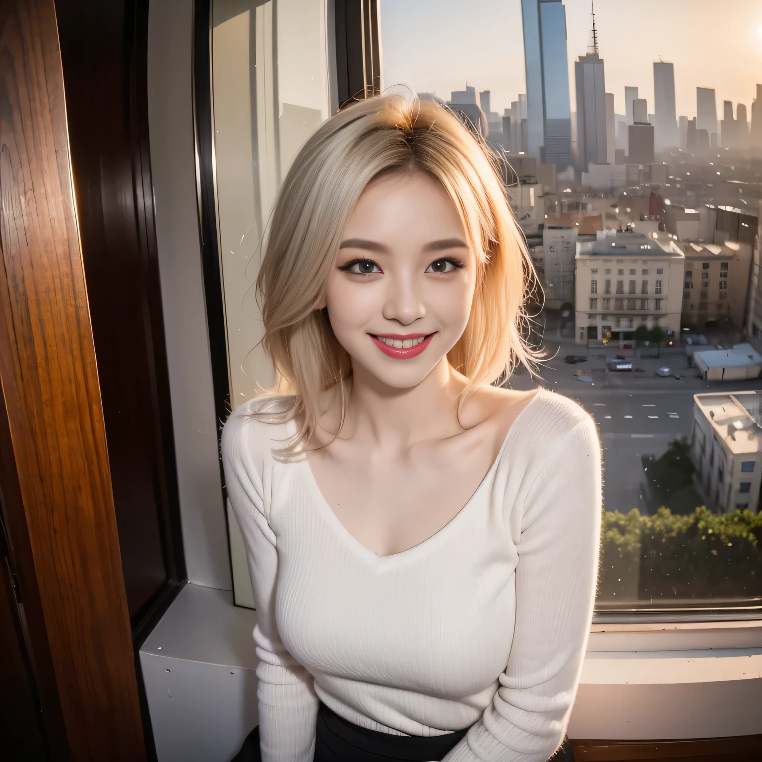 Hair shaking, victory, Long eyelashes, Solid round eye, A faint smile, ears red, direction, Surrealism, shadow, Relief, Stereogram, Standing picture, View, Atmospheric perspective, 8k, Super Detail, precise, best quality, The award-winning, best quality, high resolution, precise, masterpiece, Retina, Ultra HD,xx remix girl,1 girl, Fisheye, Selfie, wind, Messy hair, Sunset, city View, (Aesthetics and atmosphere:1.2), white hair,Smile,Movie Girl
