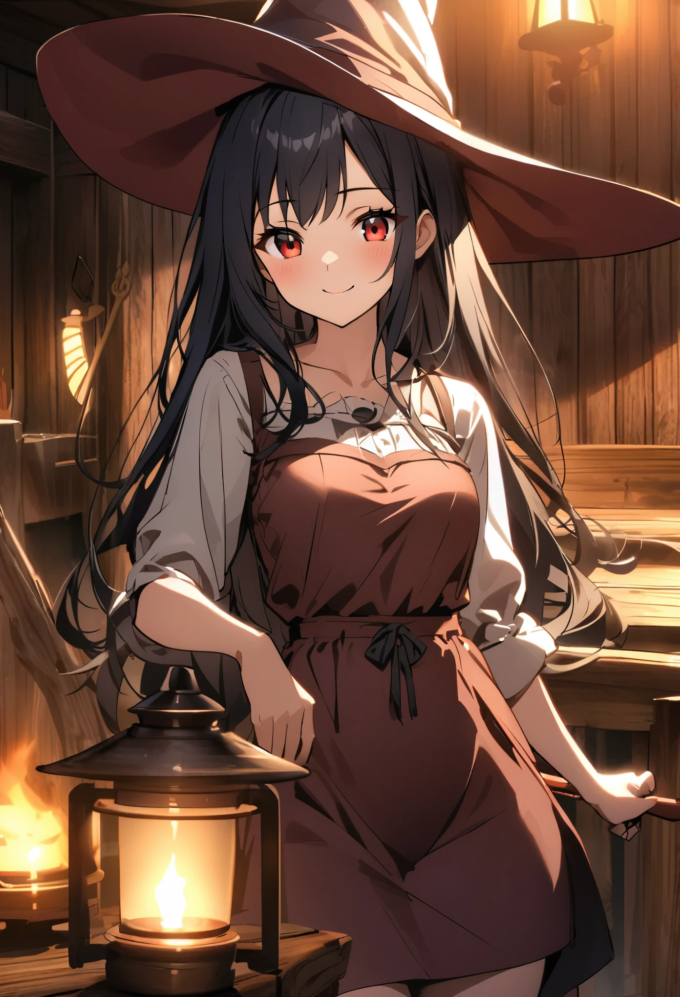 Wizard、Big hat、woman、Short length clothing、Thighagic wand、Rustic Cabin、Dimly lit place、Black Hair、Long Hair、Red Eyes、Smile、one person