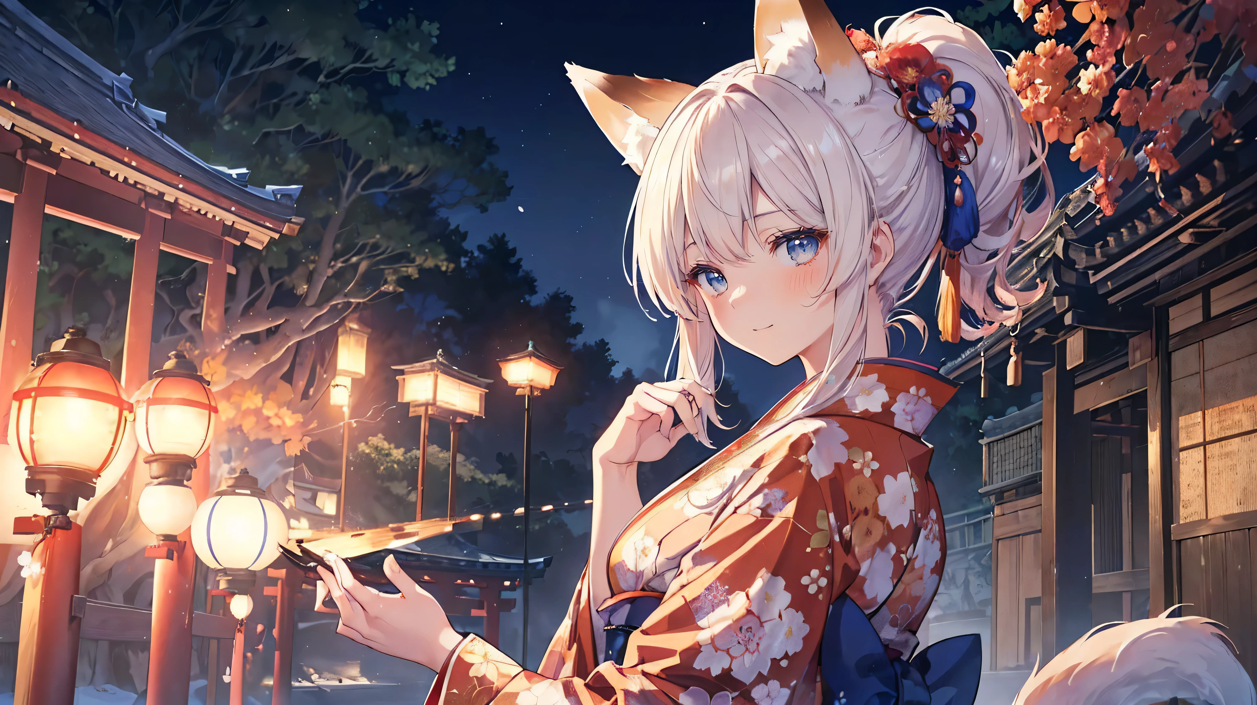 ponytail、(((masterpiece))), (((highest quality))), ((Very detailed)), ((Ultra-fine illustrations)), ((Ultra-fine painting)), (16K highest quality wallpaper:1.4), (Upper Body:1.6), High resolution, (Highly detailed and subtle illustration style:1.8), Detailed skin texture, Detailed cloth texture, Very detailed explanation, (T-Masterpiece), (Very detailed顔:1.2), (Very detailed fox ears:1.2), (Very elaborate shiny golden brown half updo:1.2), (Very detailed澄んだ青い目:1.2), original, RAW Photos, Professional, Intricate details, Super detailed, Direct sunlight:1.6, (Perfect Anatomy:1.4), (Extremely elaborate hands:1.2), (Very elaborate fingers:1.2), (Very detailed:1.2), (27 years old), Genuine, (alone:1.8), ((She wore a bright red floral kimono、Very beautiful and attractive fox fashion model with blue eyes:1.4)) brake (Beautiful and adorable fox ears:1.6), (Very detailed and delicate fox ears:1.4), (Beautiful and well-shaped big breasts:1.2), (Beautiful and shapely butt), (Beautiful, shining golden brown half-up hairstyle:1.4), (Very delicate and beautiful golden brown half-up hairstyle:1.2), (Clear blue eyes that shine beautifully in every detail:1.6), (Very delicate and detailed blue eyes:1.2), (Very detailed顔:1.4), (smile:1.5), (blush:1.4), (View your viewers:1.4), (celebration:1.4) brake (Bright red floral print furisode:1.4), (Japanese traditional clothing:1.2) brake (Concept Art:1.2), (Detailed fantasy art:1.2) brake (Highly detailed and delicate Ise Shrine in Mie Prefecture in the background just after noon in spring:1.6), (celebration:1.4), Ise Shrine:1.4, Torii gate of Ise Shrine:1.4, Very beautiful against the clear sky after noon.:1.4 brake 