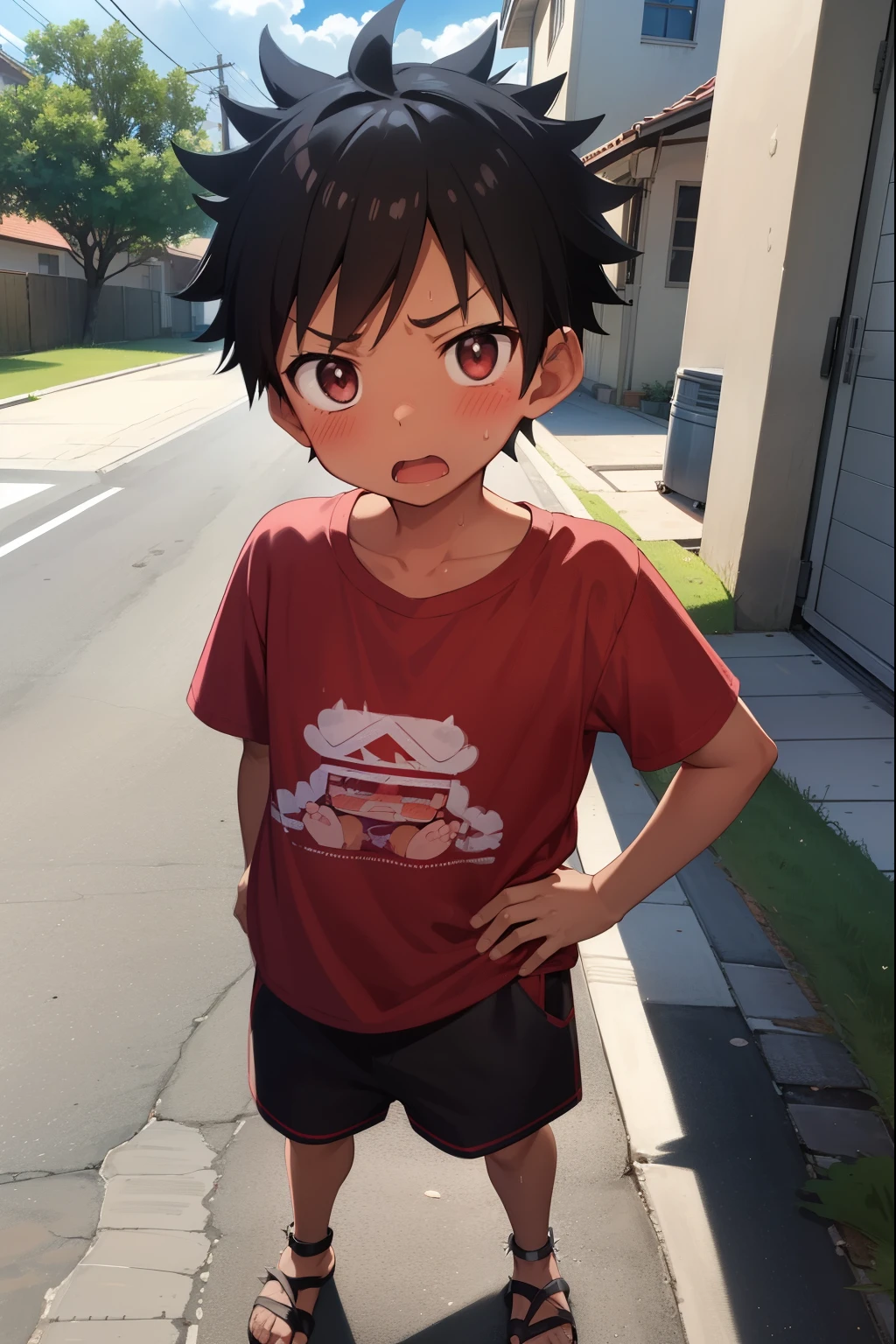 Residential Street,Are standing,,Spiked Hair,Black Hair,blush,Red T-shirt,Black shorts,Brown Sandals,Dark Skin,summer,shy,Blue sandals,from before,Open your mouth wide,Sweat,Nosebleed,Surprised,panic,Tempered,Exaggeration,Surprise,