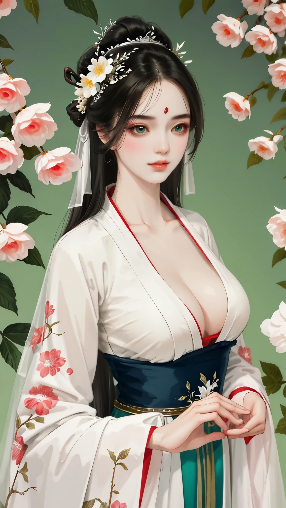 1girl,(((mature female))),chinese style, ancient china, sister,plum blossoms,((Green walls)),alling flower petals,(upper body, half body shot, caring), front shot, {best quality}, {{masterpiece}}, extremely detailed 8K wallpaper, {an extremely delicate and beautiful}, colorful, intricately detailed, Realistic, real, camera quality, (detailed depiction of clothes), cool white skin, (detailed depiction of blush), 1080p, sun, smooth light white hair,bright and silky skin ,super fine illustration, beautiful eyes, very fine light, fine glow, Hanfu,ru_qun，(closeup cleavage)，
