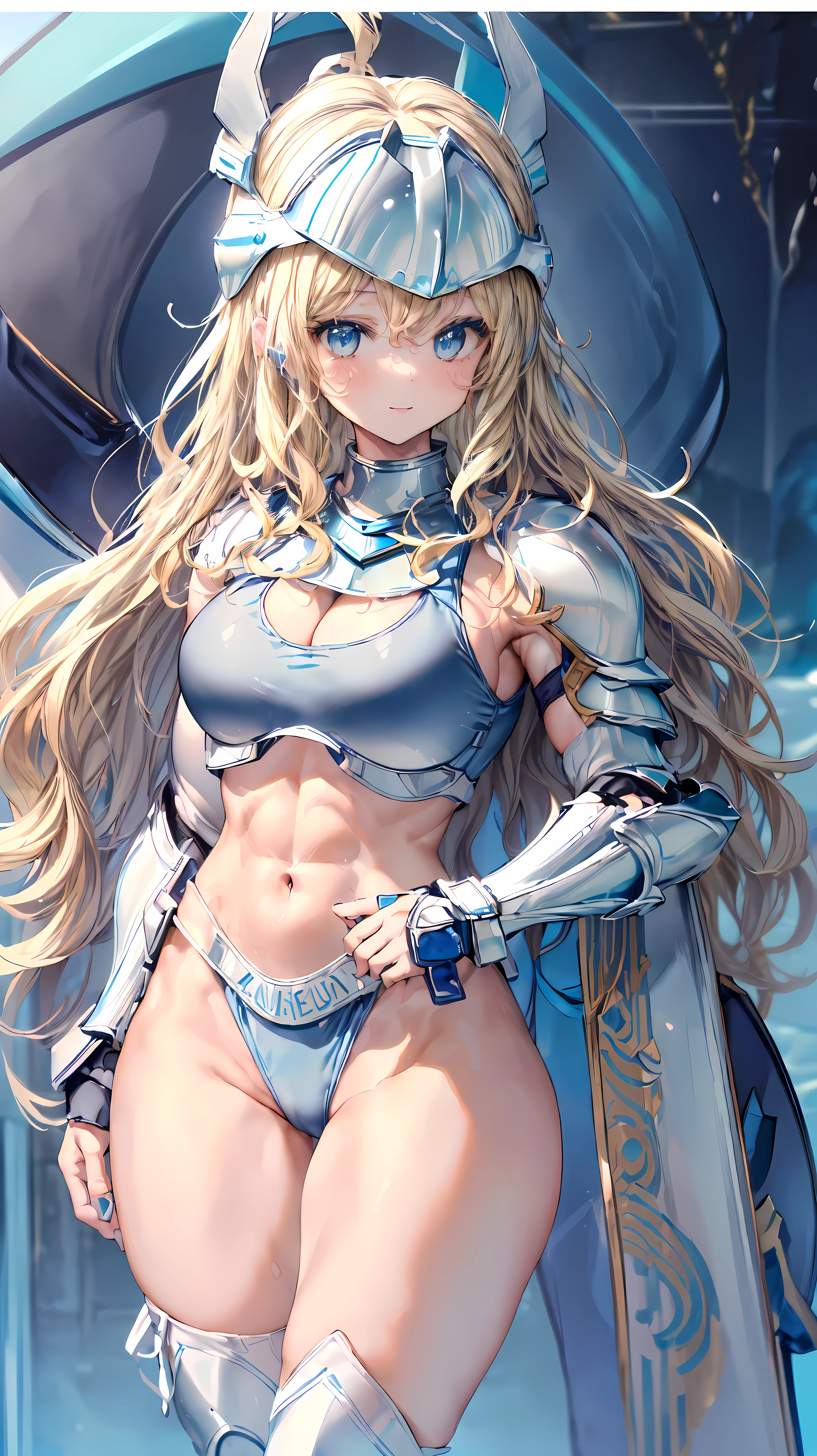 (Adult women:1.5)、Very detailed、highest quality、Best image quality、masterpiece、8k、Anime Face、A kind smile、(Open your mouth)、Sparkling blue eyes、(Blonde Wavy Hair:1.5)、、Muscles of the whole body、(High leg:1.5)、Thigh belt、(Wearing white bikini armor:1.5)、(Cowboy Shot:1.5)、(Leg armor:1.5)、(Wearing a helmet:1.5)
