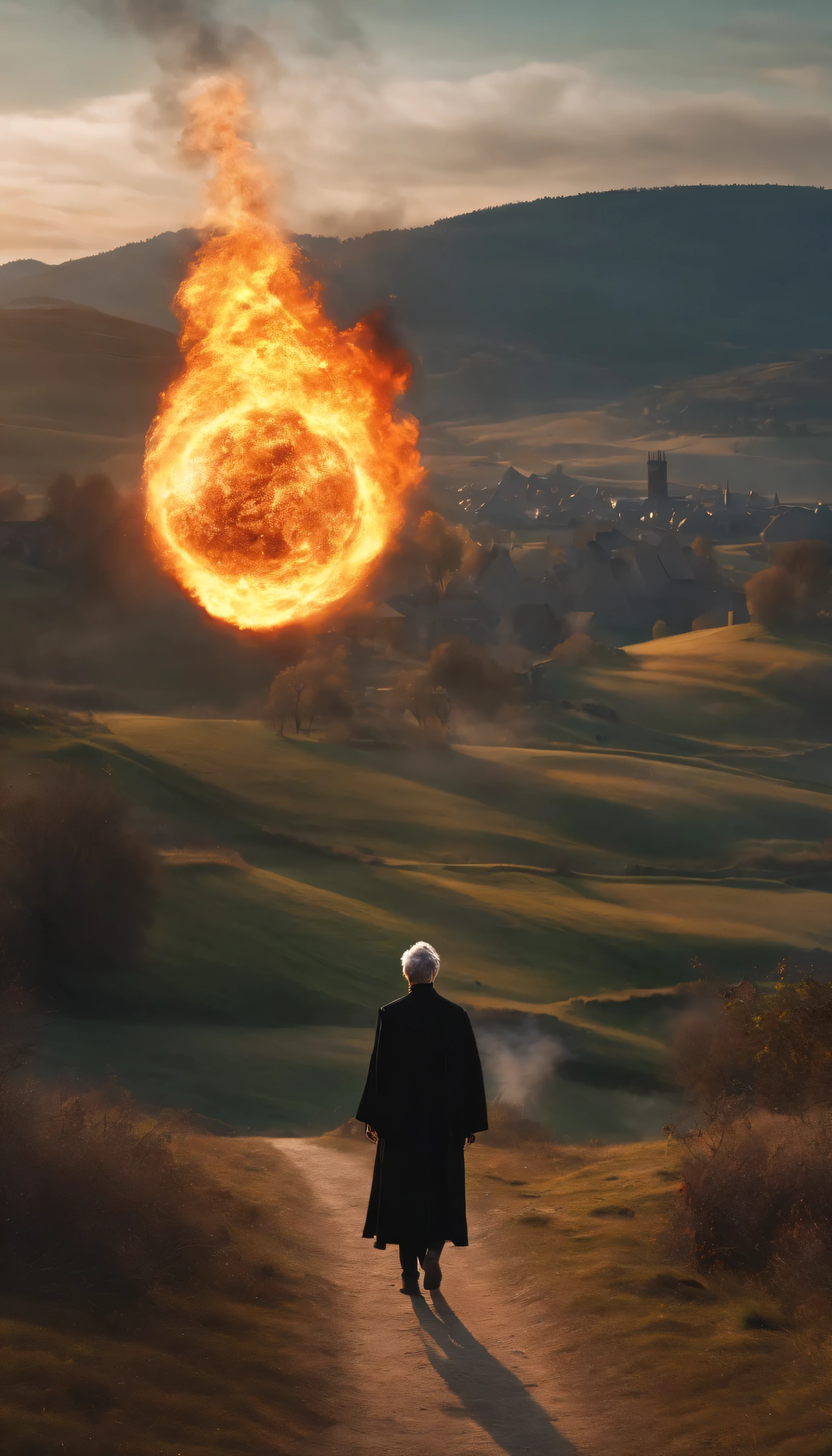 8k, close distance portrait, a male wizard with black clothes and grey short hair from behind, throwing a super massive huge fireball to a village in the distance from hill, with a burning village background the distance
