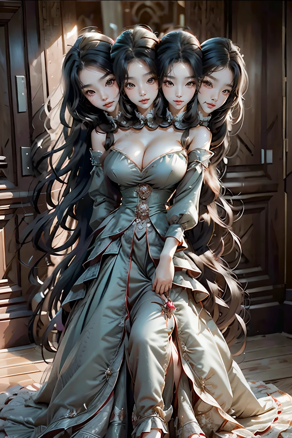 bestresolution, (2heads:1.3), 1woman, old women, old korean women, extremely long hair, queens, princesses, tiaras on head, ballgown, princess dress, large dress, in a ballroom, large hair, extremely long hair, head in wind