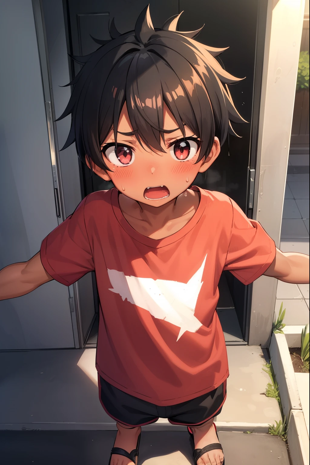 Residential Street,Are standing,Little Boy,Spiked Hair,Black Hair,blush,Red T-shirt,Black shorts,Brown Sandals,Dark Skin,summer,shy,Blue sandals,from before,Open your mouth wide,Sweat,Nosebleed,Surprised,panic,Tempered,Exaggeration,Surprise,Spread your arms