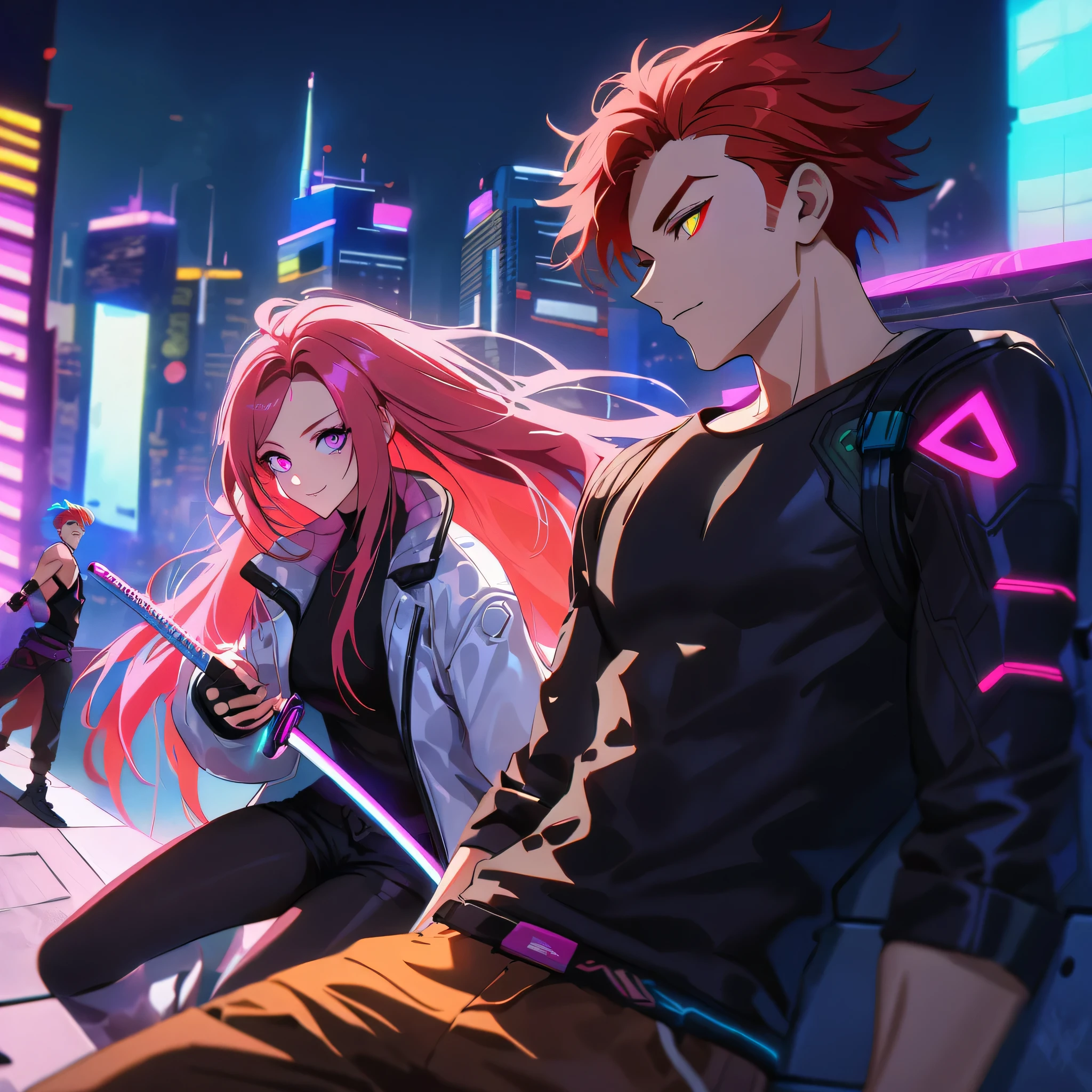 two persons, A man and a girl , male man with short and red hair messy upwards with some ultra long strands falling on the forehead, holding a perfect neon katana wearing a leather white jacket and black t shirt, sitting and confident pose, confidente smile, cyberpunk, night, fingerless gloves, neon eyes, ultra detailed face and a gorgeous cute girl with very pink long hair, parkour, cyberpunk tweaks, city rooftops, dangerous look 