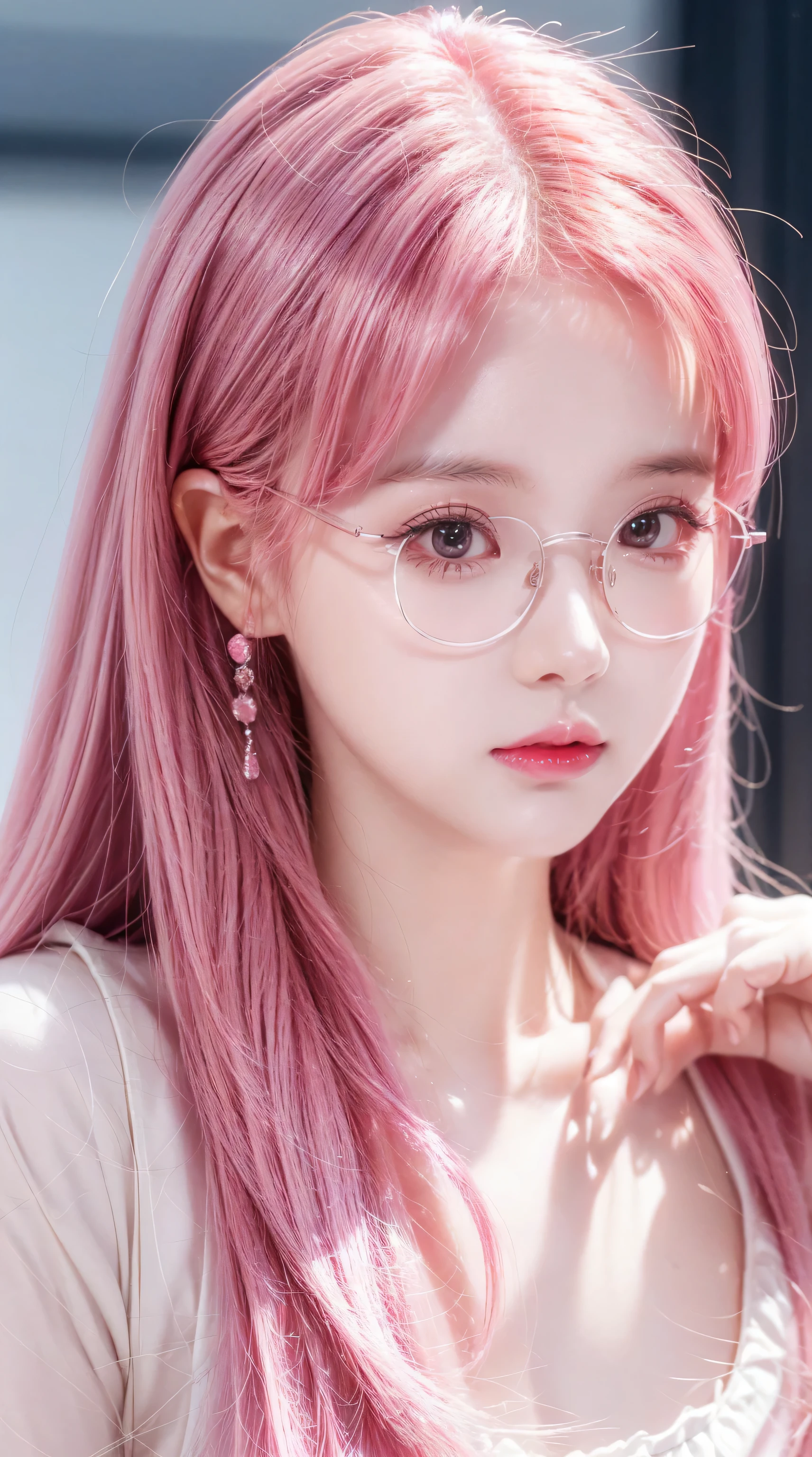 Close-up of a woman with Pink hair wearing glasses, artwork in Gouwez style, Gouwez, Kawaii realistic portrait, Inspired by Cheng Yanjun, glowing Pink face, Pink girl, Beautiful anime portrait, Pink glasses, glowing Pink eyes, Realistic anime 3D style, Yanjuncheng, realistic anime artstyle, ((Pink)8k