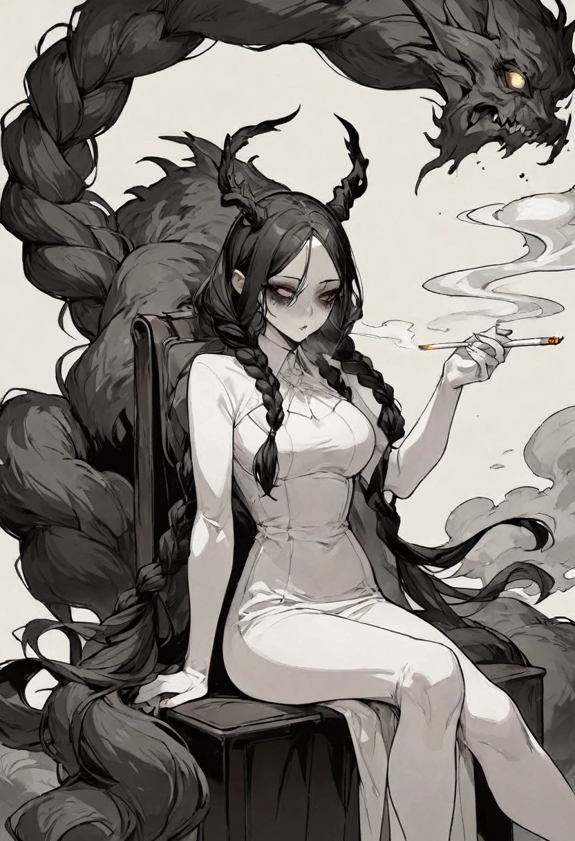 Woman, long black braids, dark dark circles, dead eyes, high quality, white skin, sitting on a chair, smoking a cigarette and wafting smoke, accompanied by a smoke beast, low saturation, illustration, thin lines , fine details,