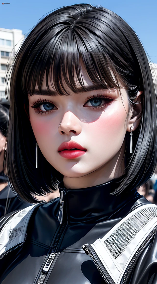 (Obra maestra, mejor calidad), futuristic, punk de acero, Goth pastel, intricate tactical technology, neon accents, de moda, elegante, cuerpo perfecto y delgado, pechos grandes, asymmetrical bangs, pelo ondulado, banda para el cabello, gargantilla, pulsera, Calles de la ciudad, Postura de pie, contrastado, dynamic lighting