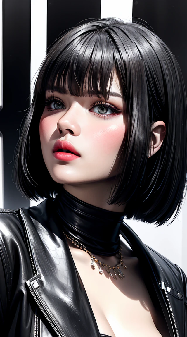 (Obra maestra, mejor calidad), futuristic, punk de acero, Goth pastel, intricate tactical technology, neon accents, de moda, elegante, cuerpo perfecto y delgado, pechos grandes, asymmetrical bangs, pelo ondulado, banda para el cabello, gargantilla, pulsera, Calles de la ciudad, Postura de pie, contrastado, dynamic lighting