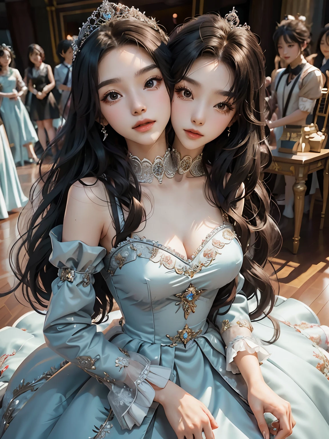 bestresolution, (2heads:1.2), old women, old korean women, extremely long hair, queens,  princesses, tiaras on head, ballgown, princess dress, large dress, in a ballroom, large hair, extremely long hair, head in wind