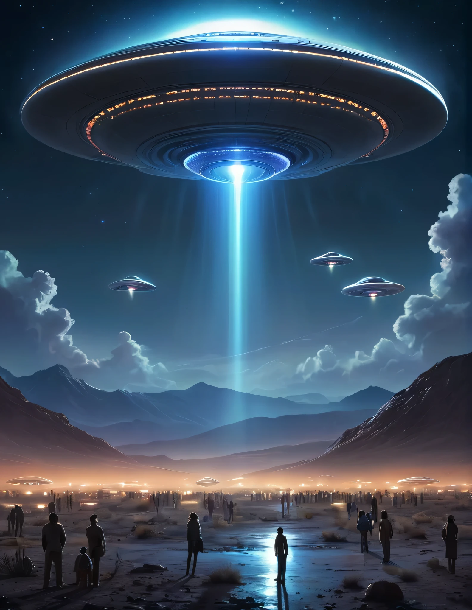 A captivating night scene at Area 51, where luminescent entities are gathering around a mysterious UFO. The sky is filled with a diverse array of UFOs of various sizes and shapes, emitting a soft glow that illuminates the area. The luminescent entities are seen in different forms, some translucent, others with pulsating lights, and a few with distinctive features. The overall atmosphere is a blend of curiosity and wonder, with a touch of alien intrigue.